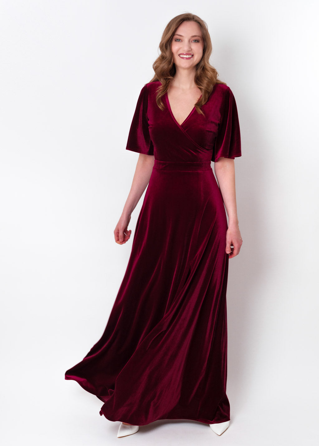 Burgundy velvet wrap slit dress