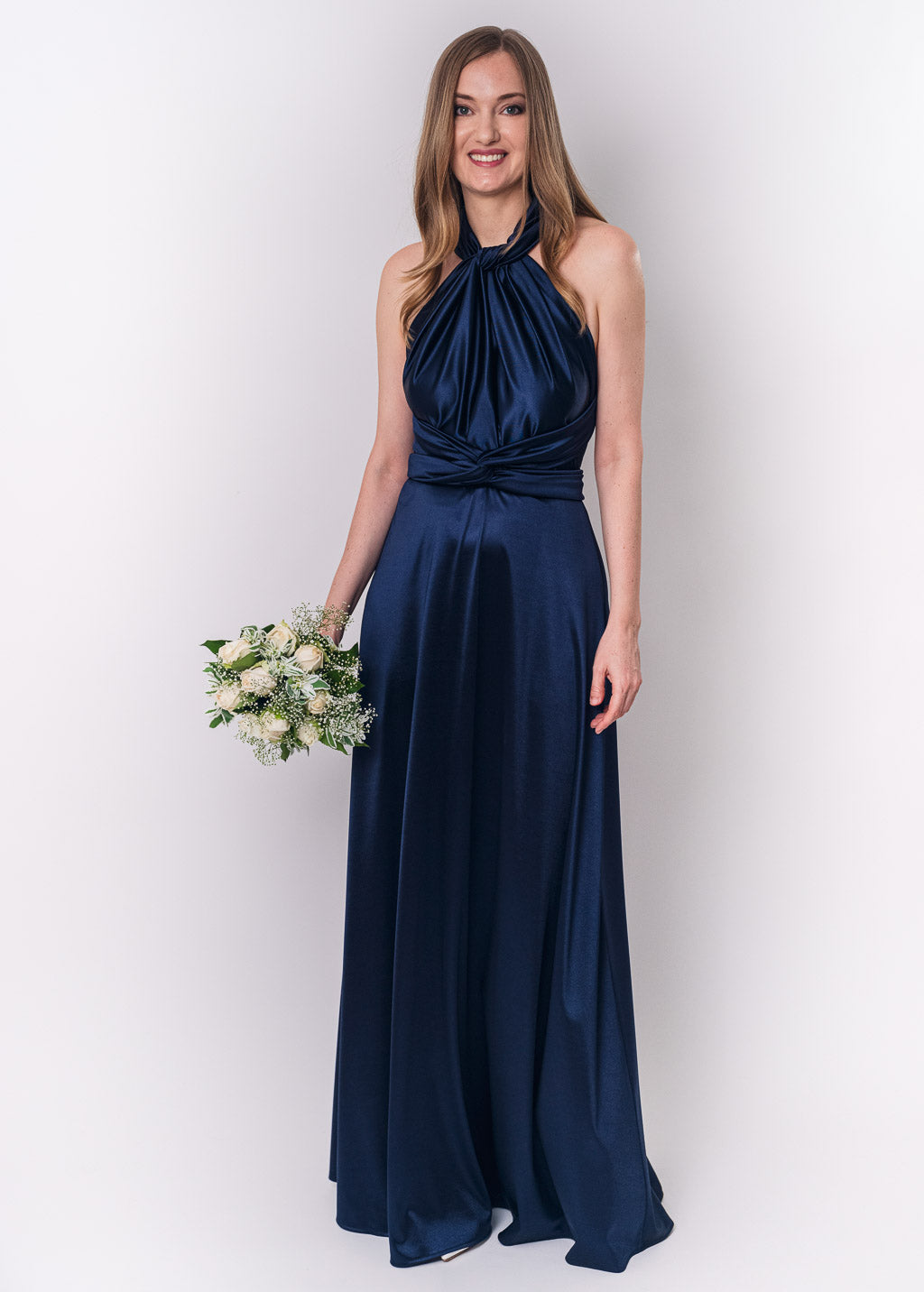 Navy blue luxury satin infinity dress or jumpsuit