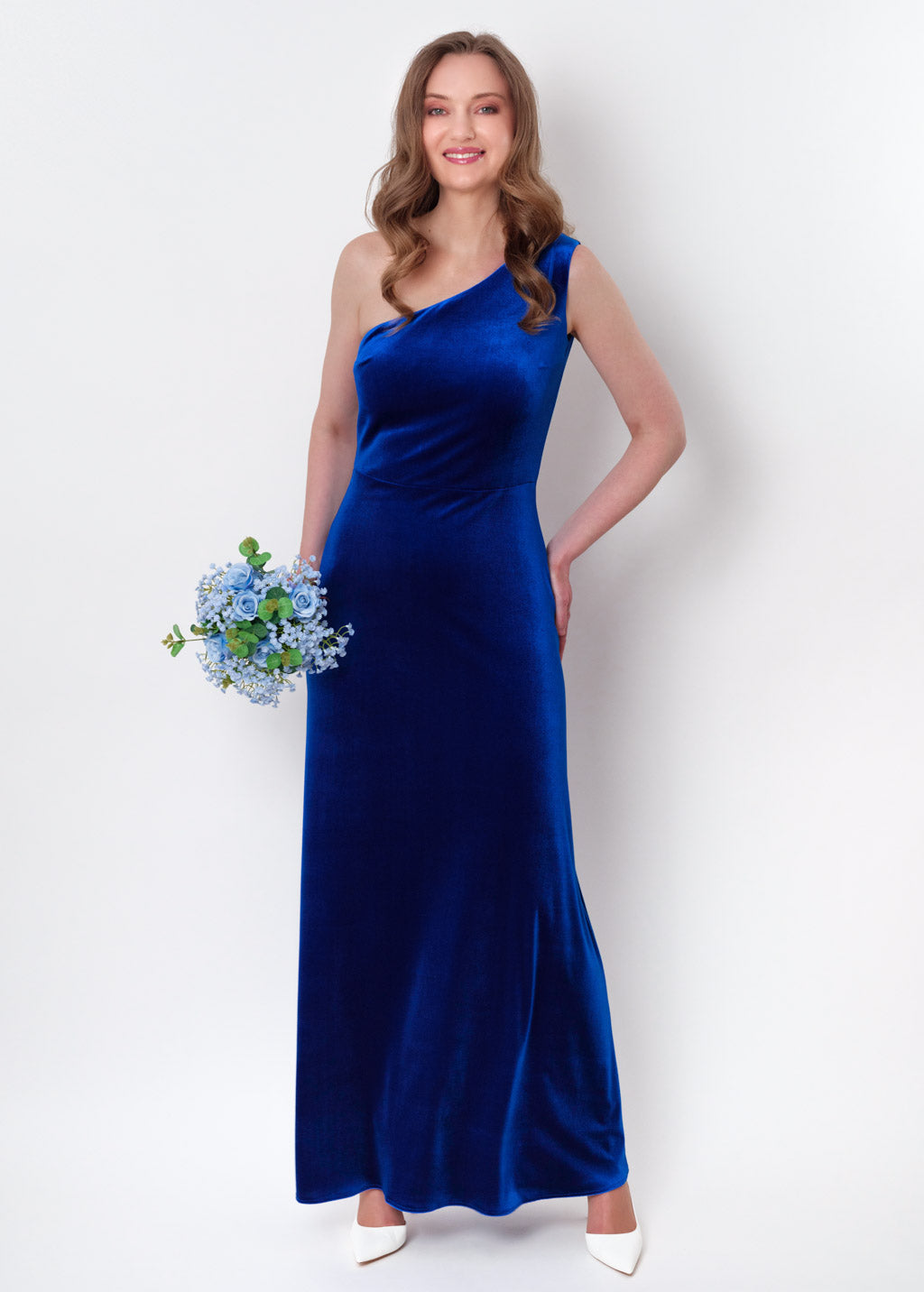 Royal blue velvet one shoulder dress