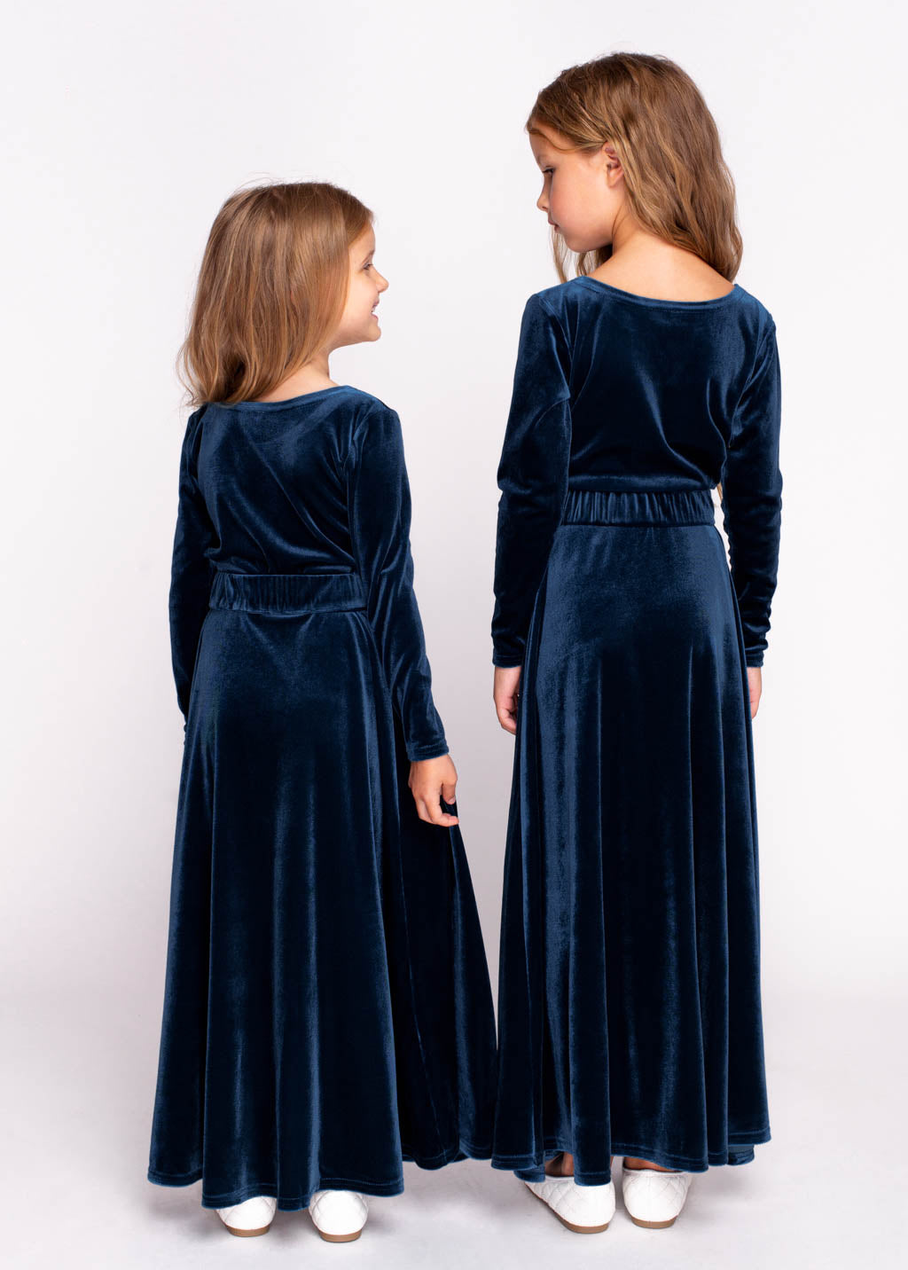 Navy blue velvet long girl dress