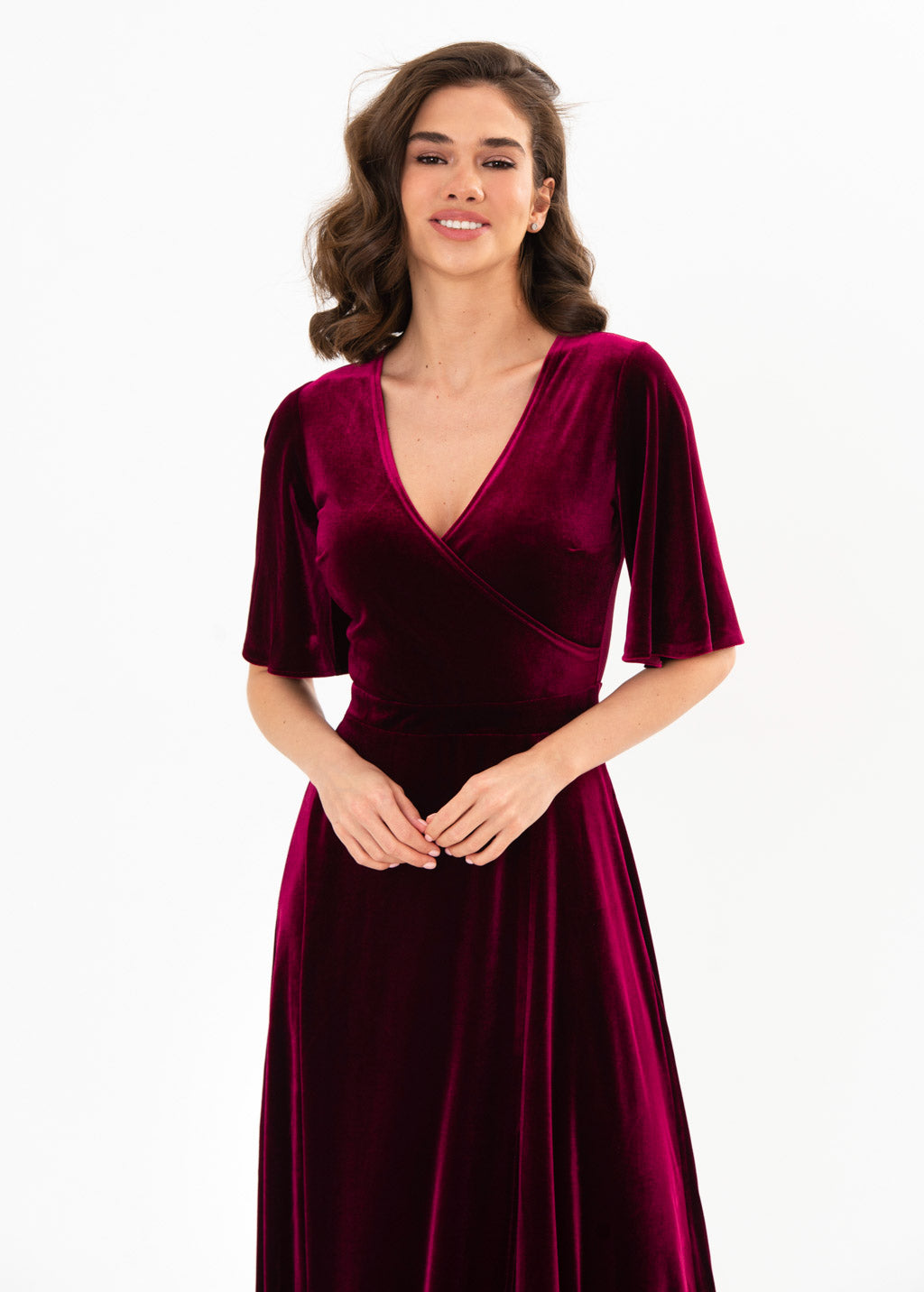 Plum burgundy velvet wrap slit dress