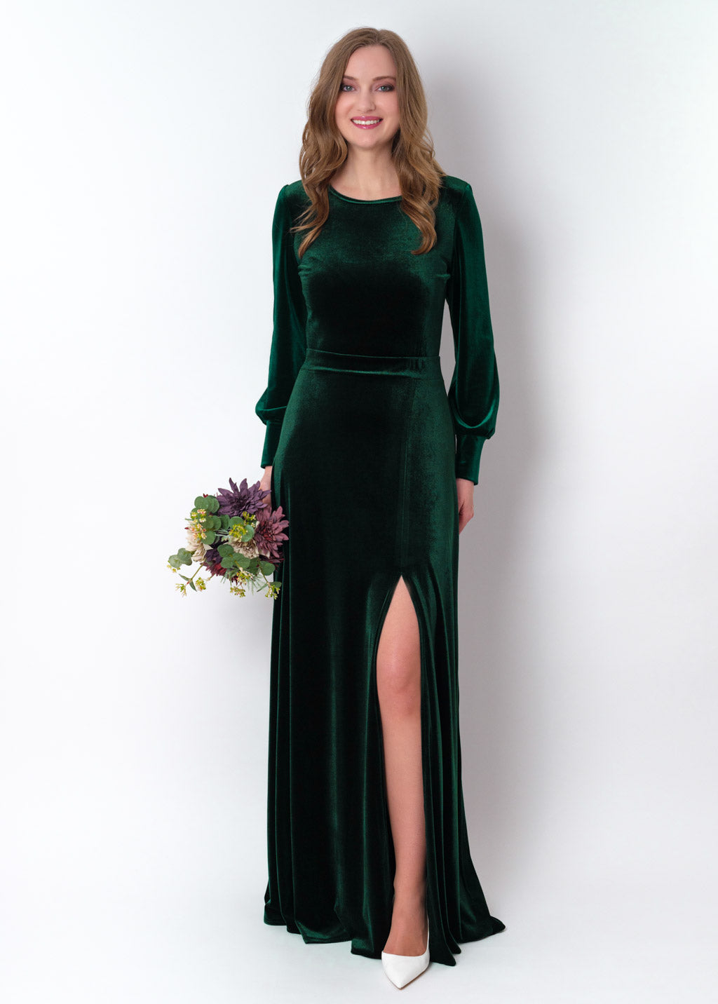Emerald green velvet long slit dress
