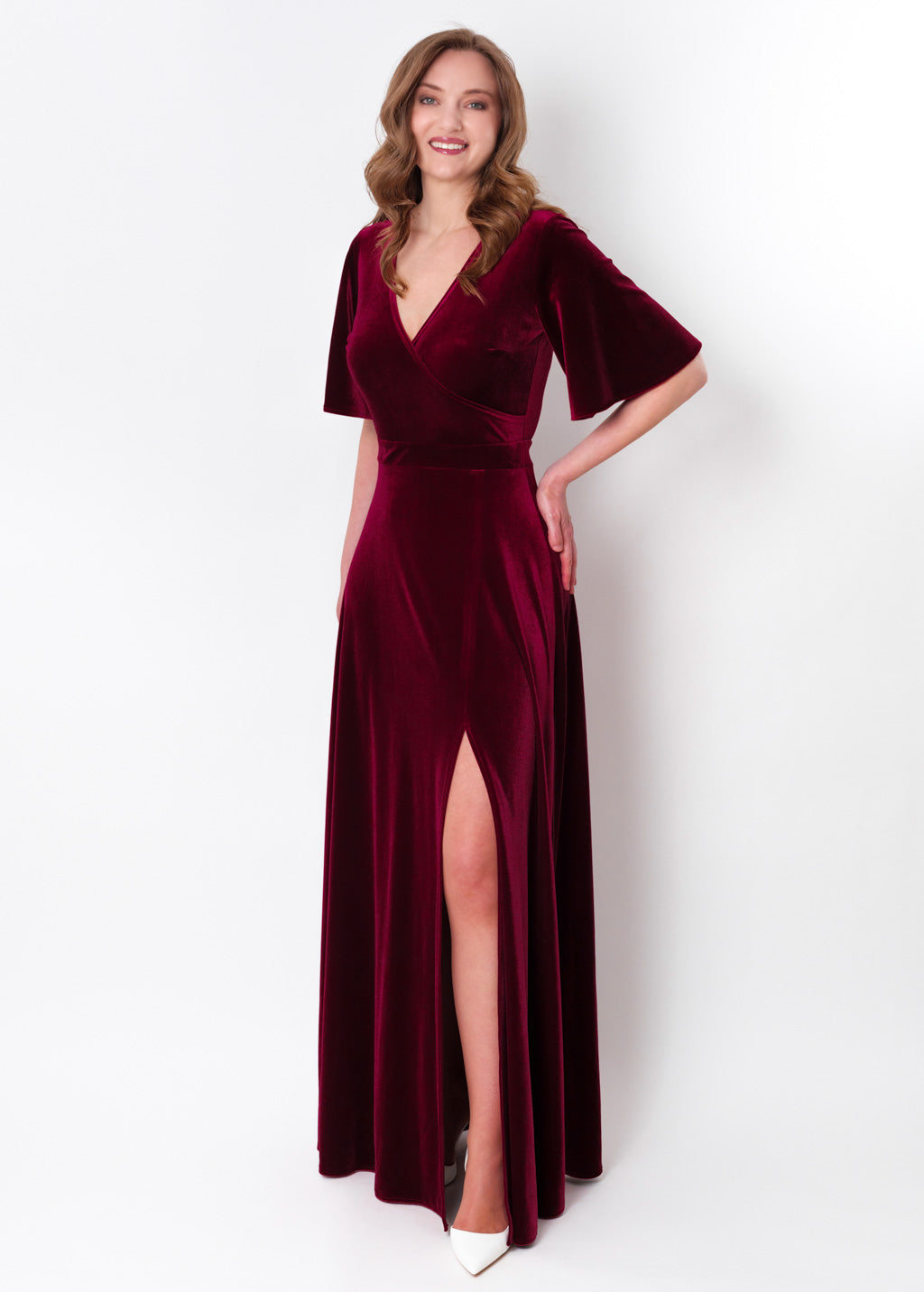 Burgundy velvet wrap slit dress
