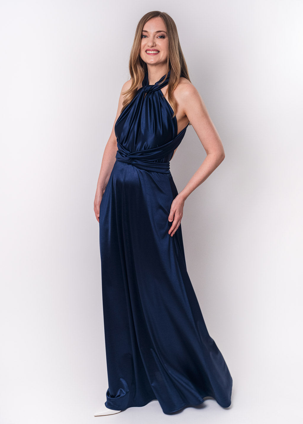 Navy blue luxury satin infinity dress or jumpsuit