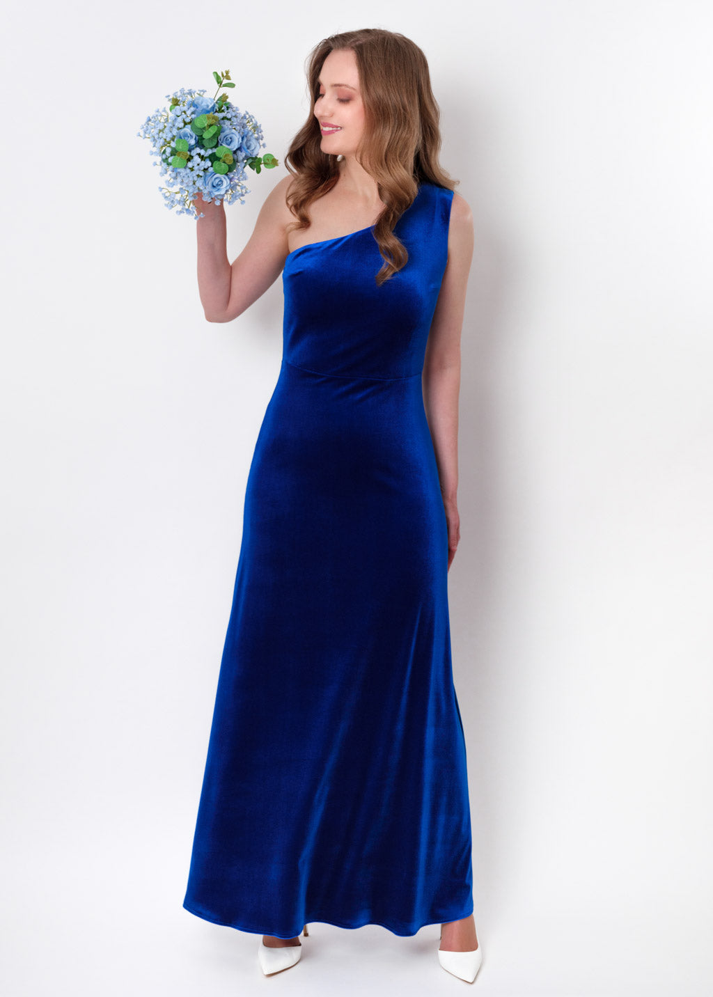 Royal blue velvet one shoulder dress