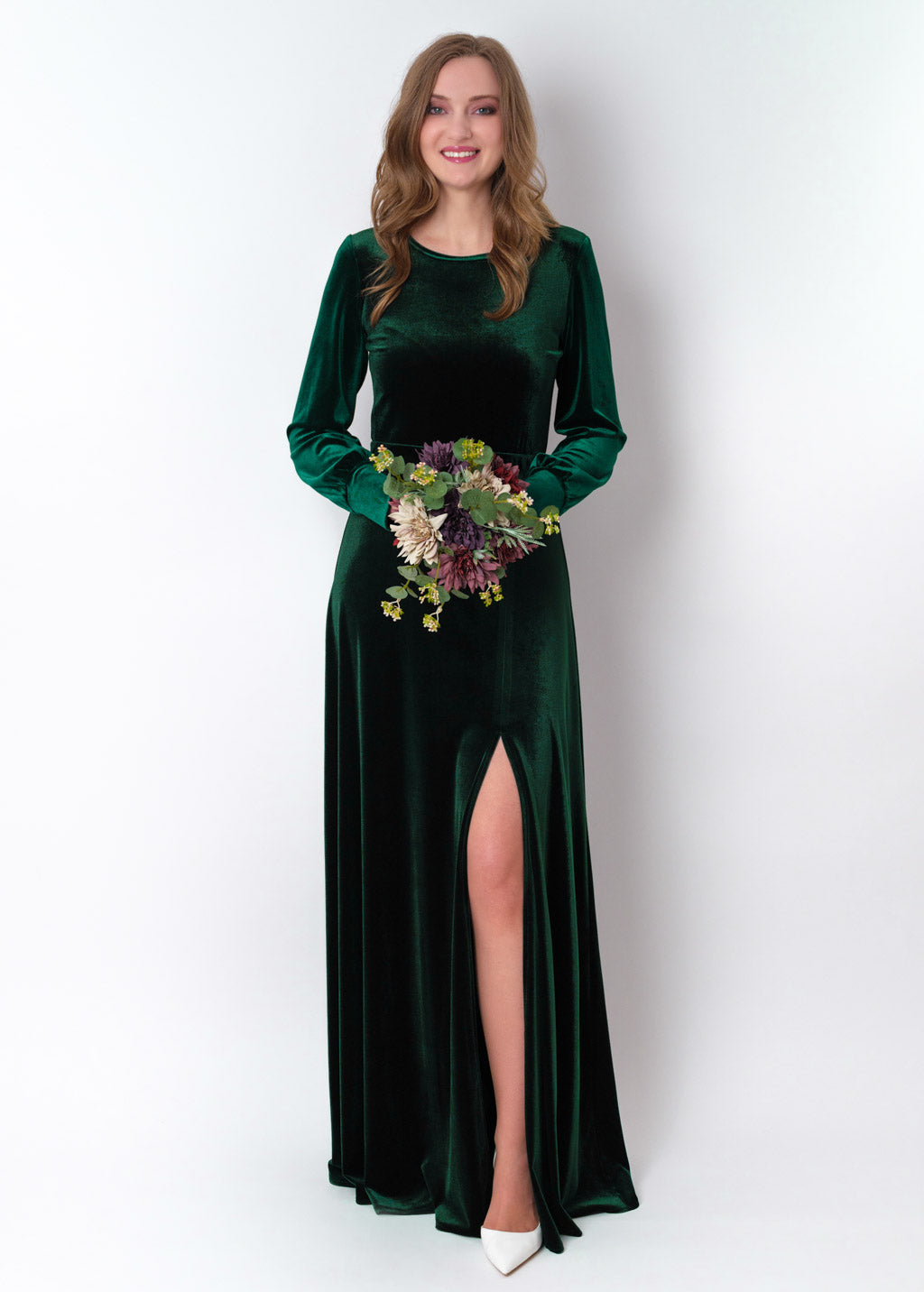 Emerald green velvet long slit dress