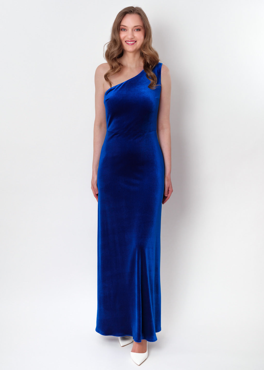 Royal blue velvet one shoulder dress