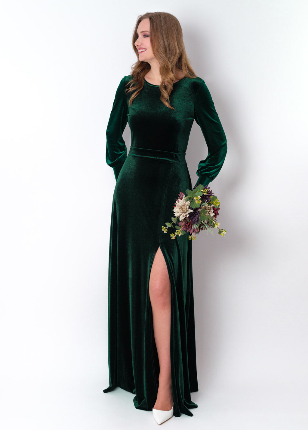 Emerald green velvet long slit dress