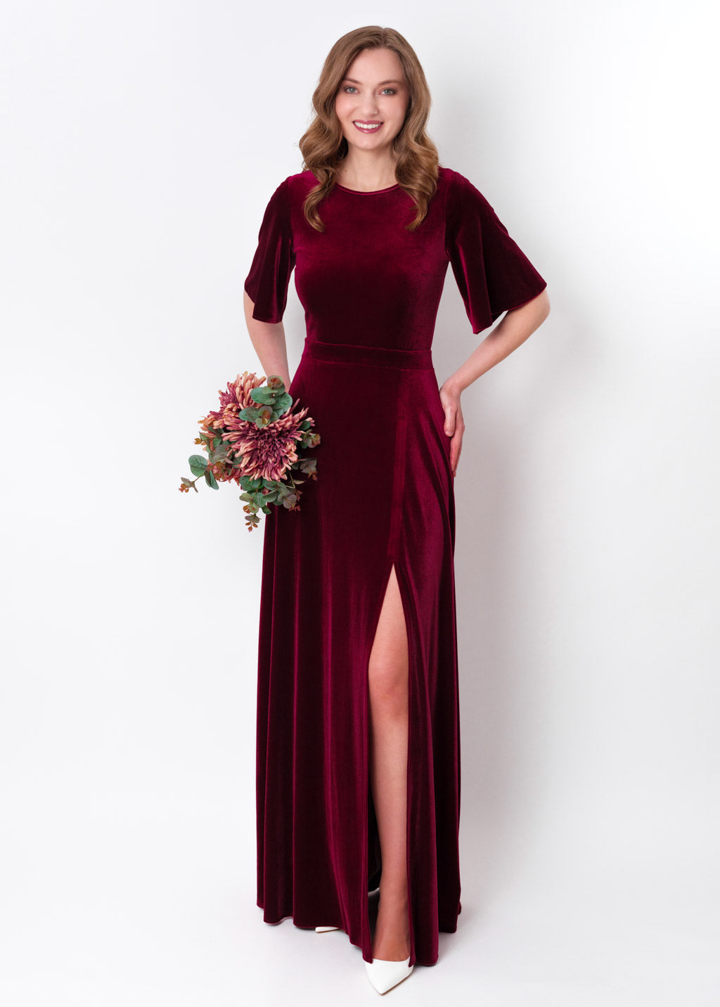 Burgundy velvet long slit dress