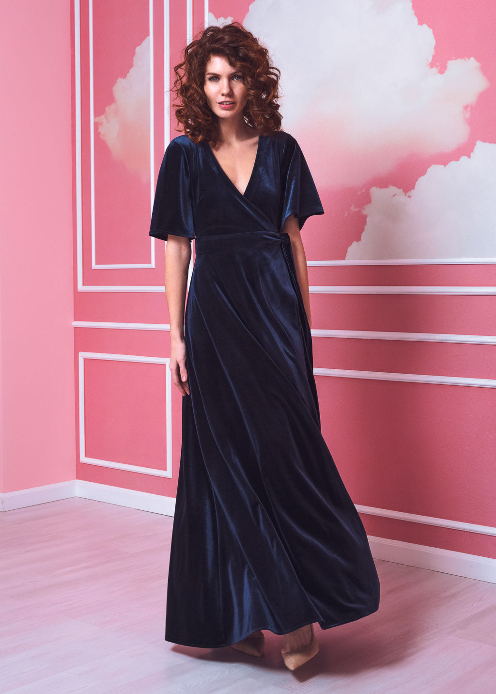 Navy blue elegant long wrap dress