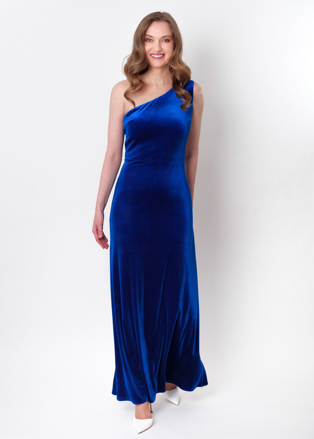 Royal blue velvet one shoulder dress