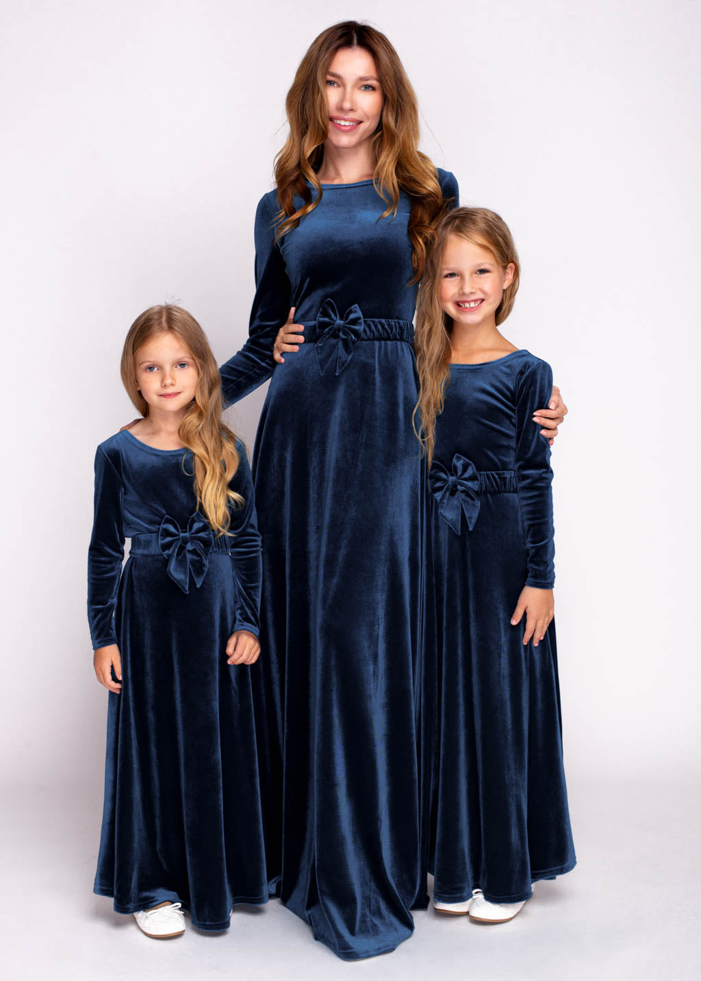 Mommy and me navy blue long velvet dresses
