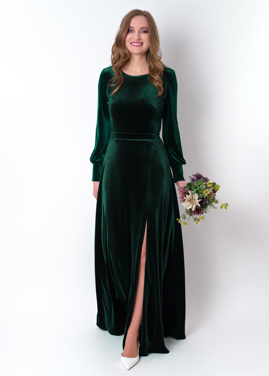 Emerald green velvet long slit dress