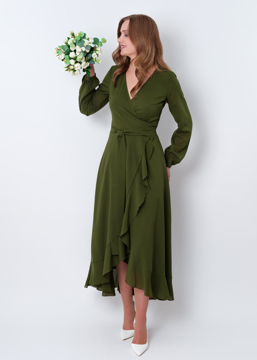 Olive green chiffon wrap dress