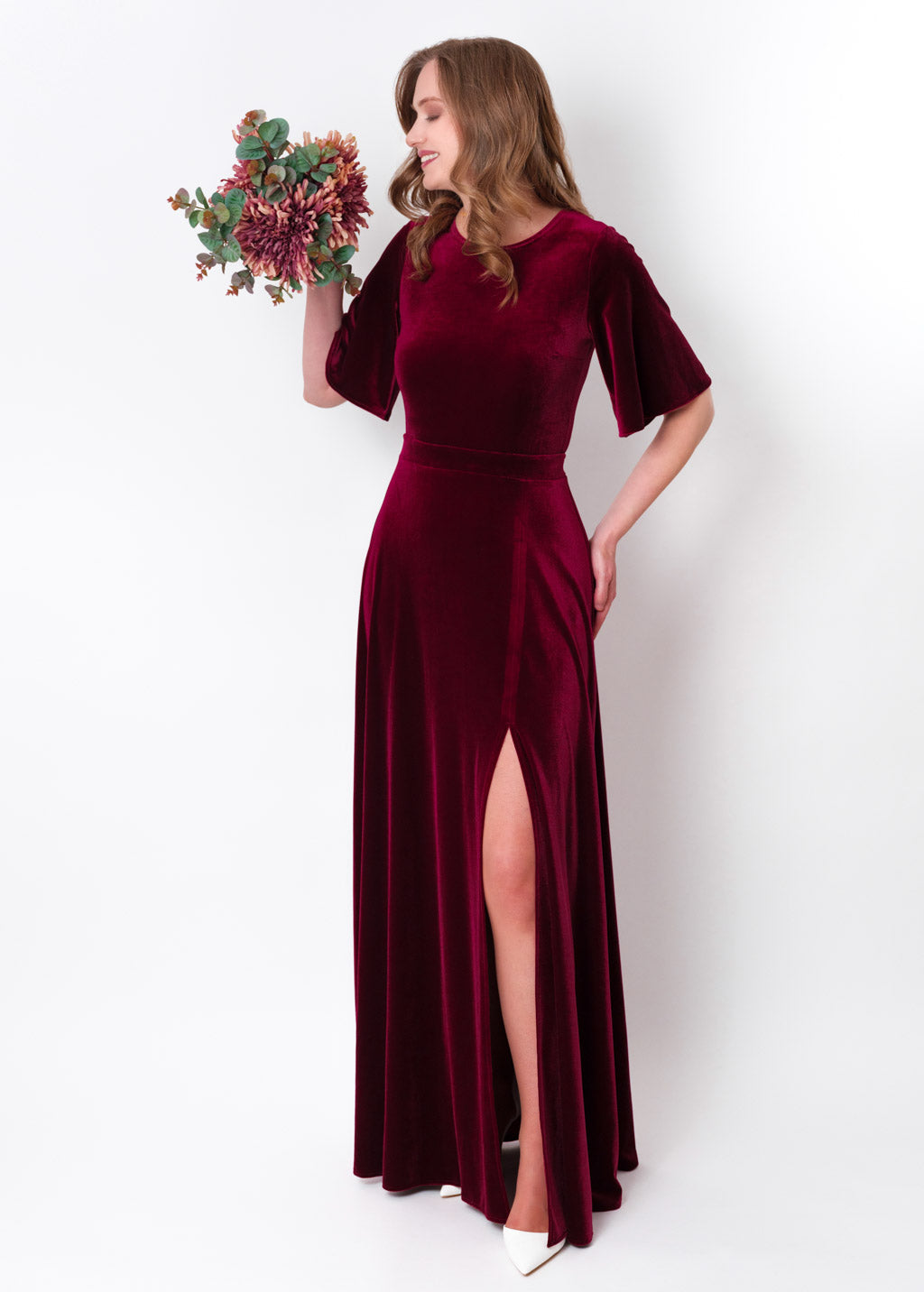 Burgundy velvet long slit dress