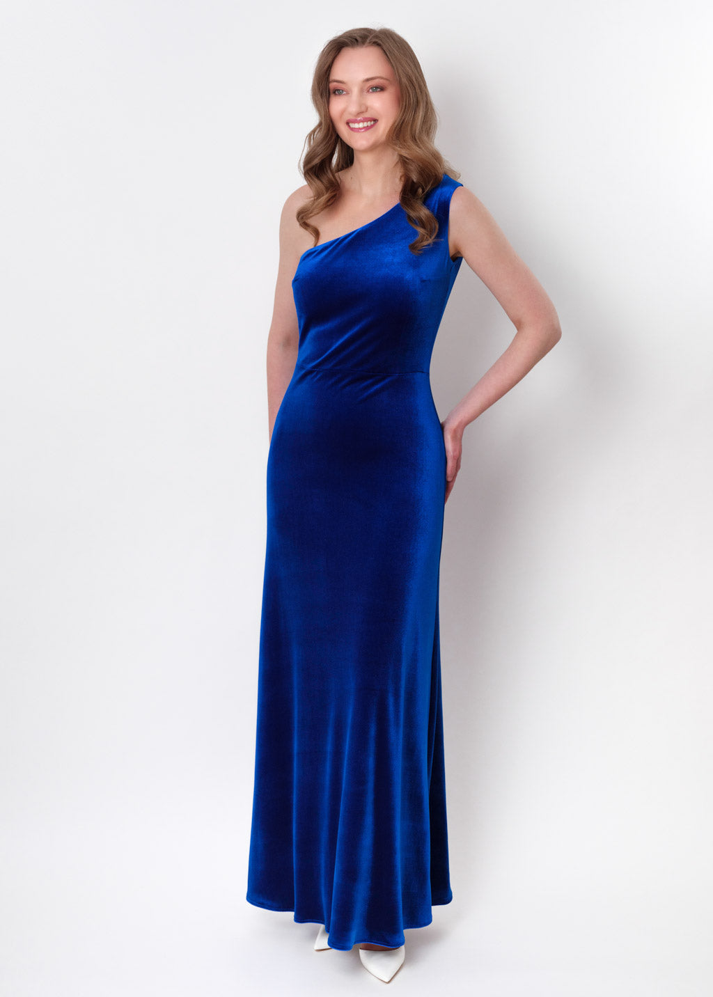 Royal blue velvet one shoulder dress