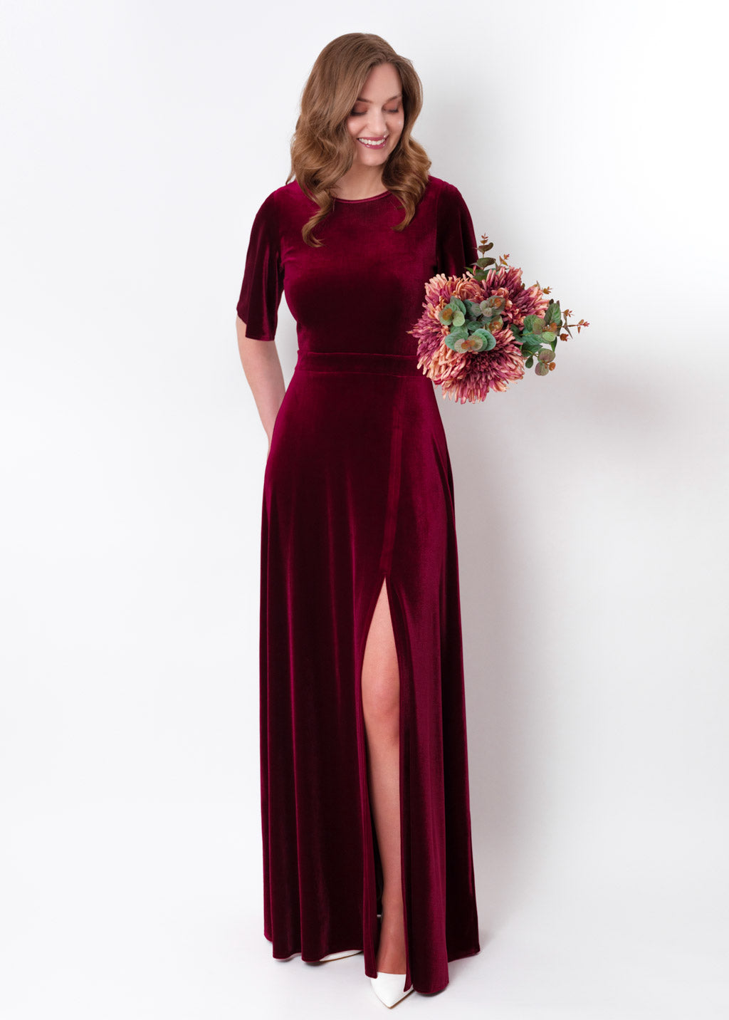 Burgundy velvet long slit dress