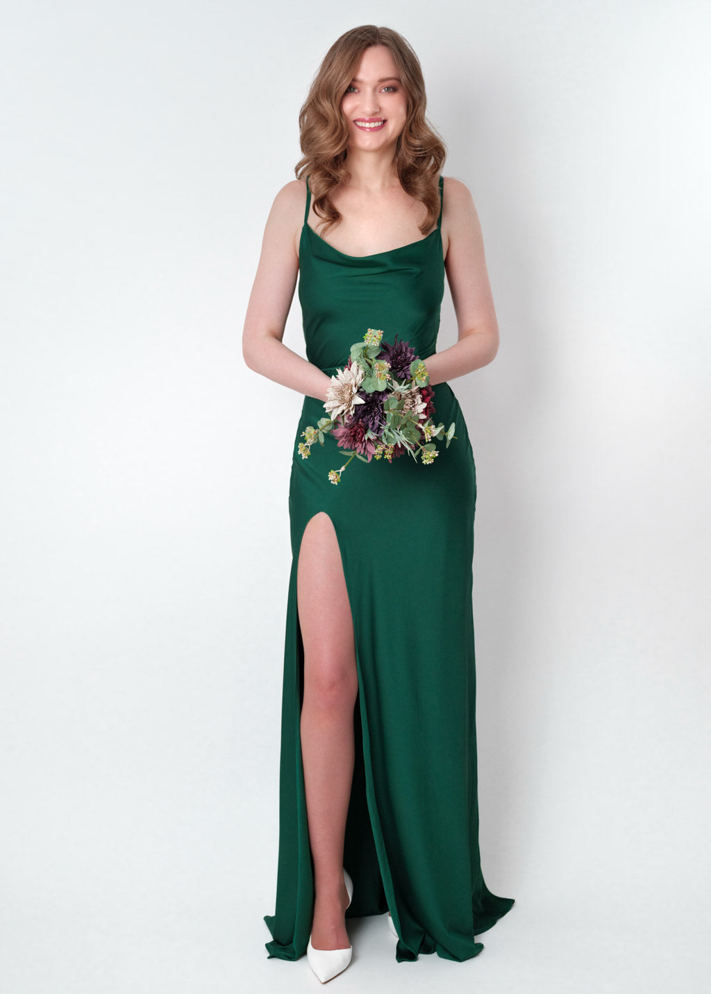 Dark green silk slip slit dress