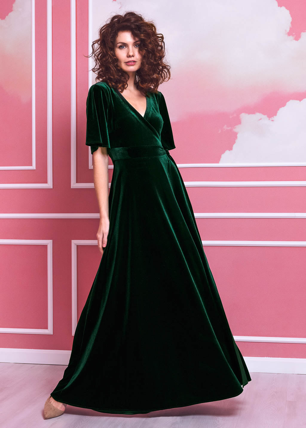 Emerald green long wrap dress