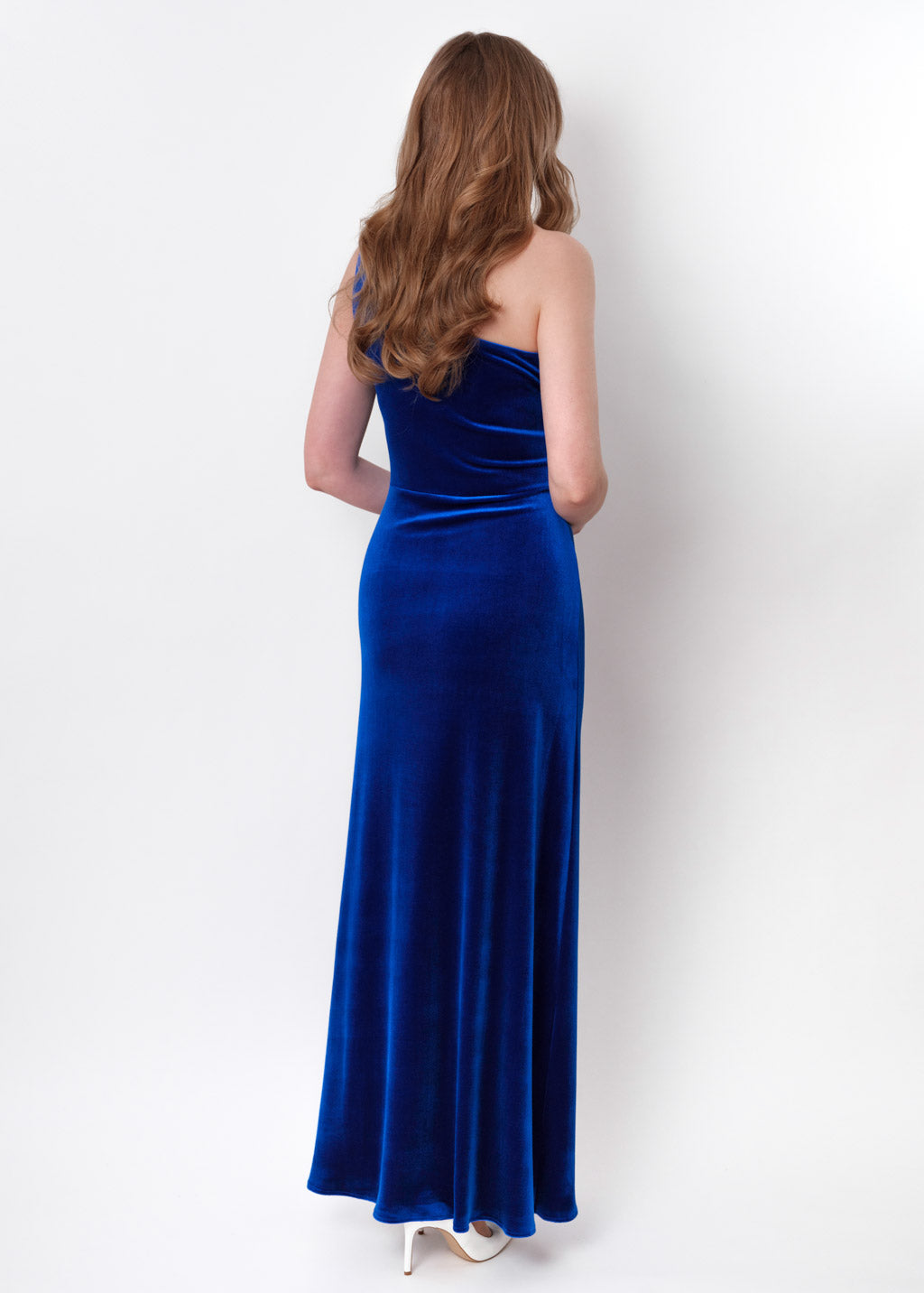 Royal blue velvet one shoulder dress