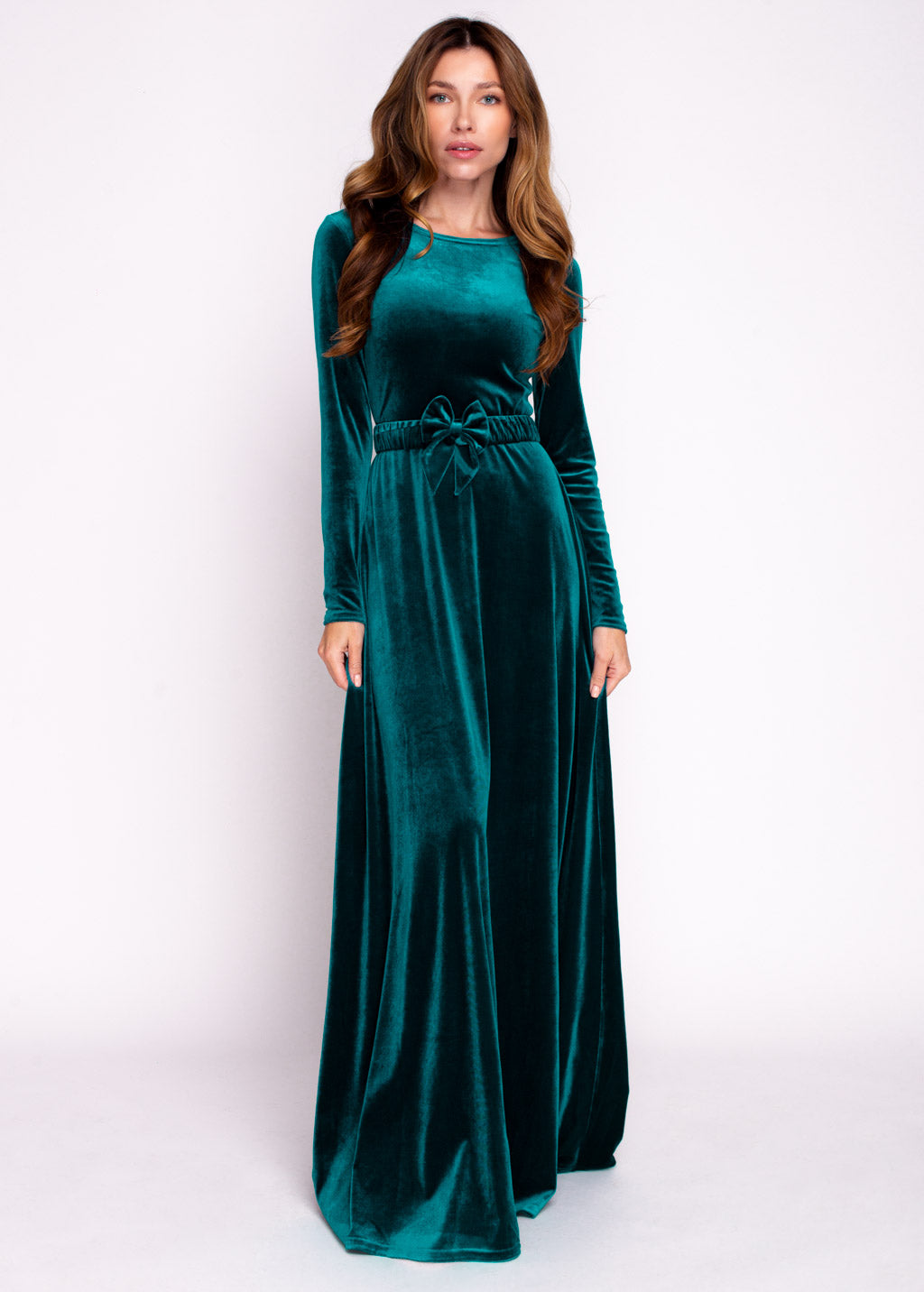 Teal green velvet long dress with belt
