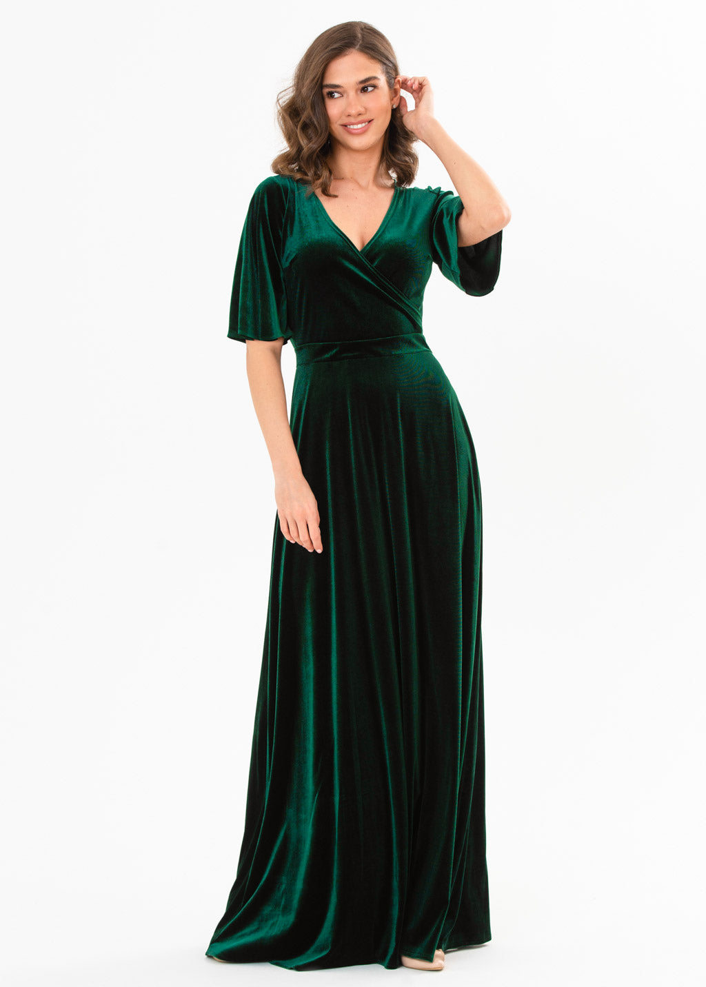 Emerald green velvet wrap dress