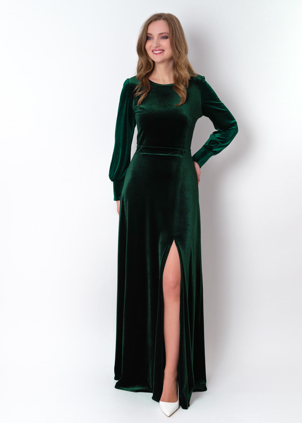 Emerald green velvet long slit dress