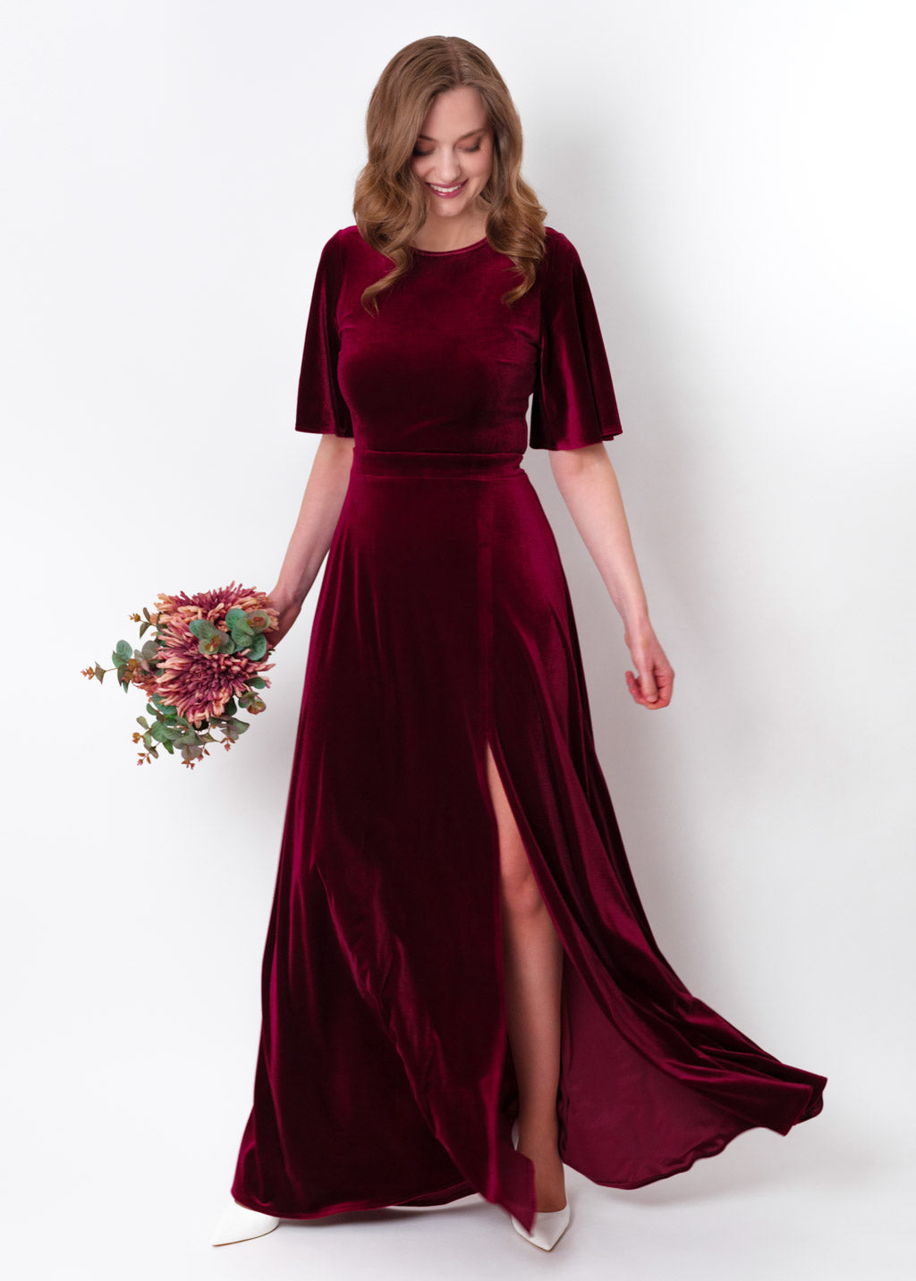 Burgundy velvet long slit dress