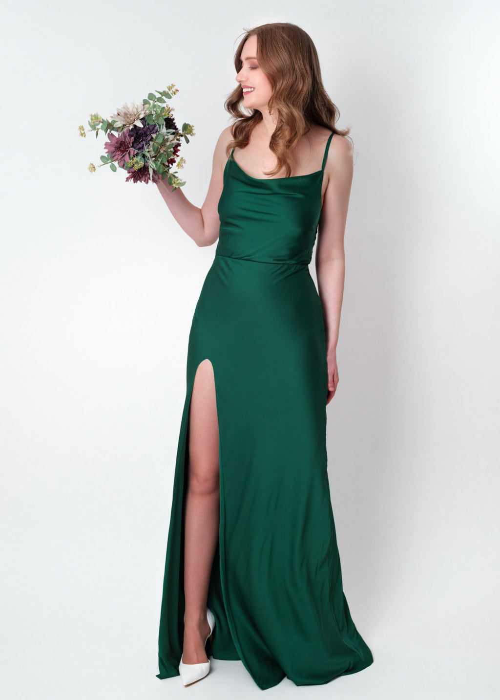 Dark green silk slip slit dress
