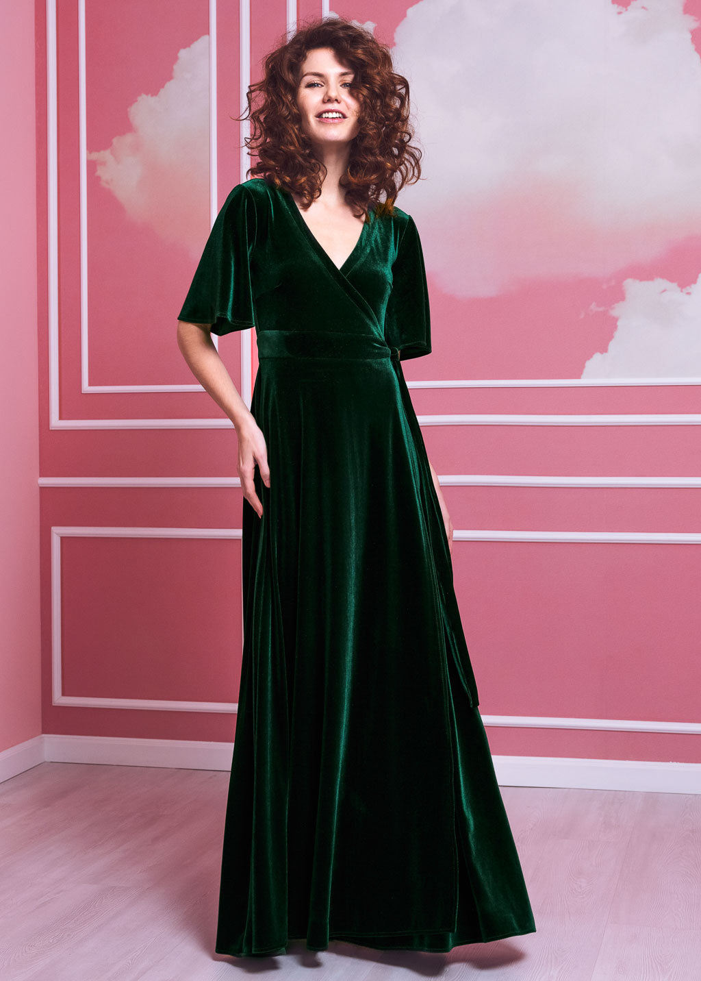 Emerald green long wrap dress