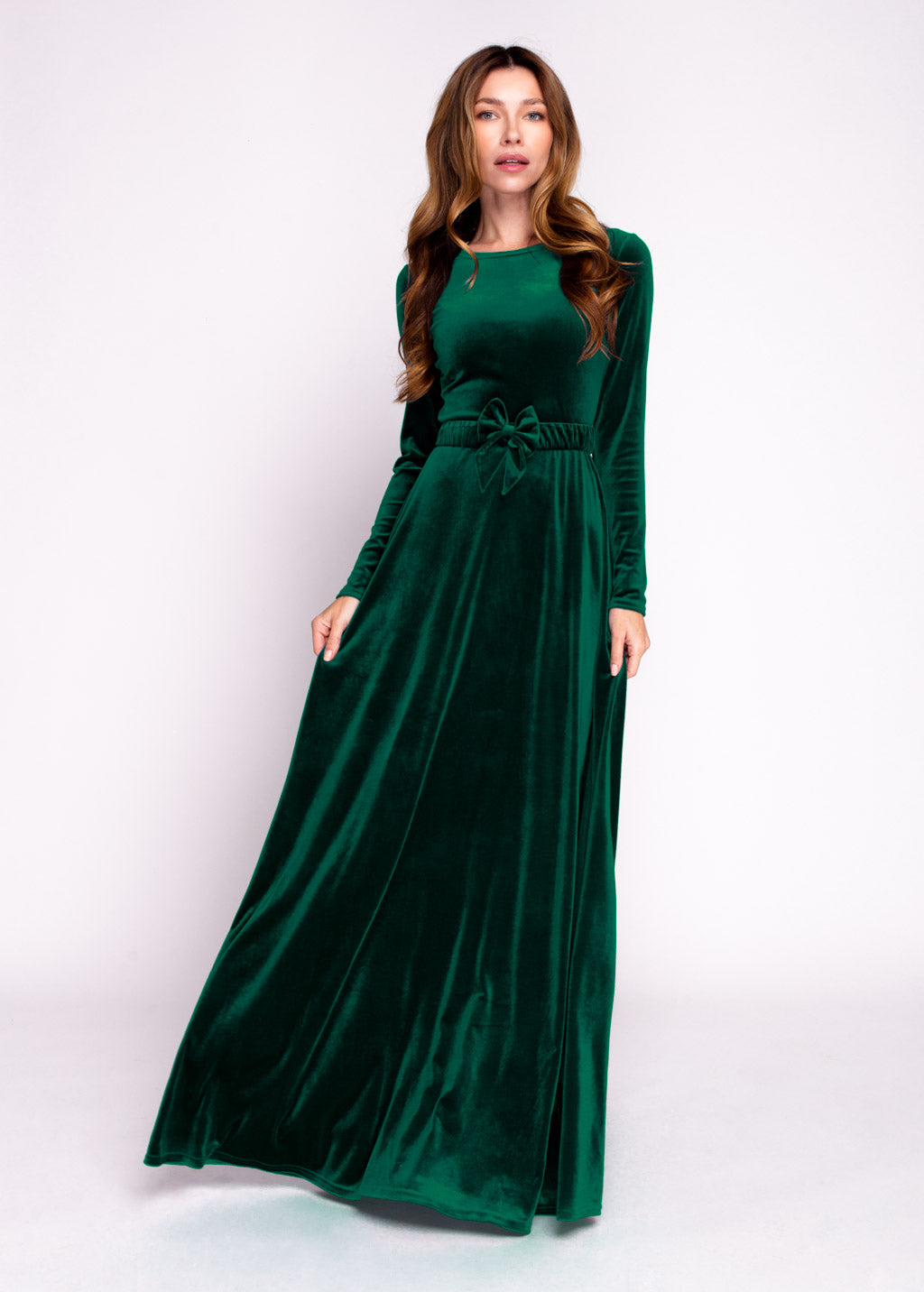 Emerald green velvet long dress with belt