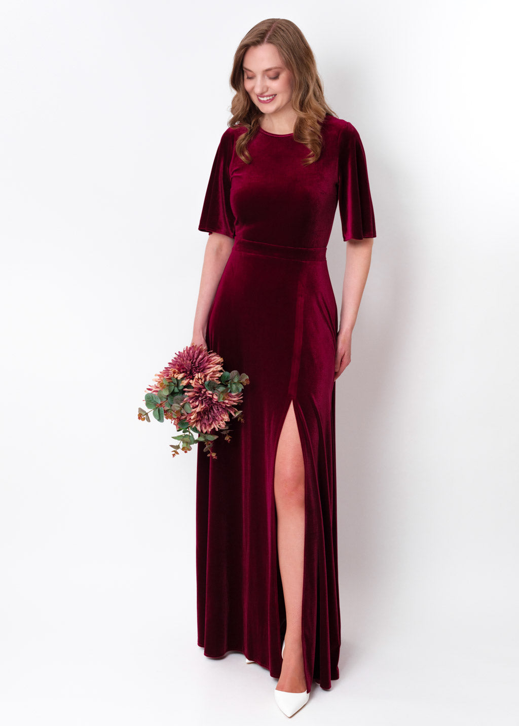 Burgundy velvet long slit dress