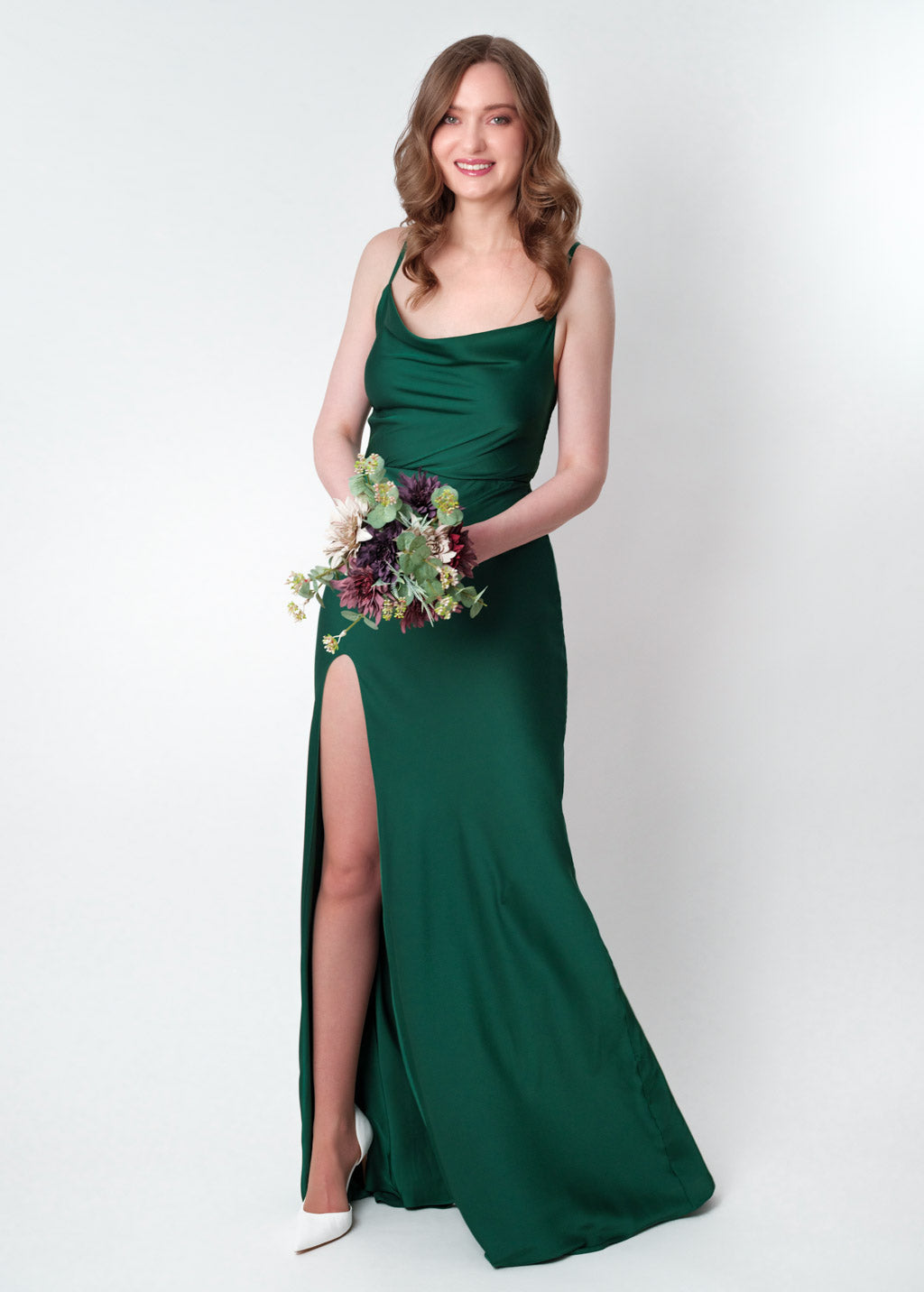 Dark green silk slip slit dress