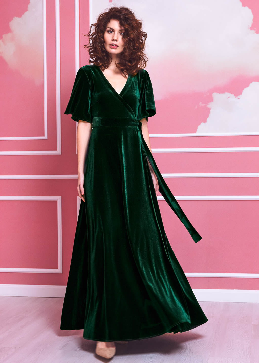 Emerald green long wrap dress