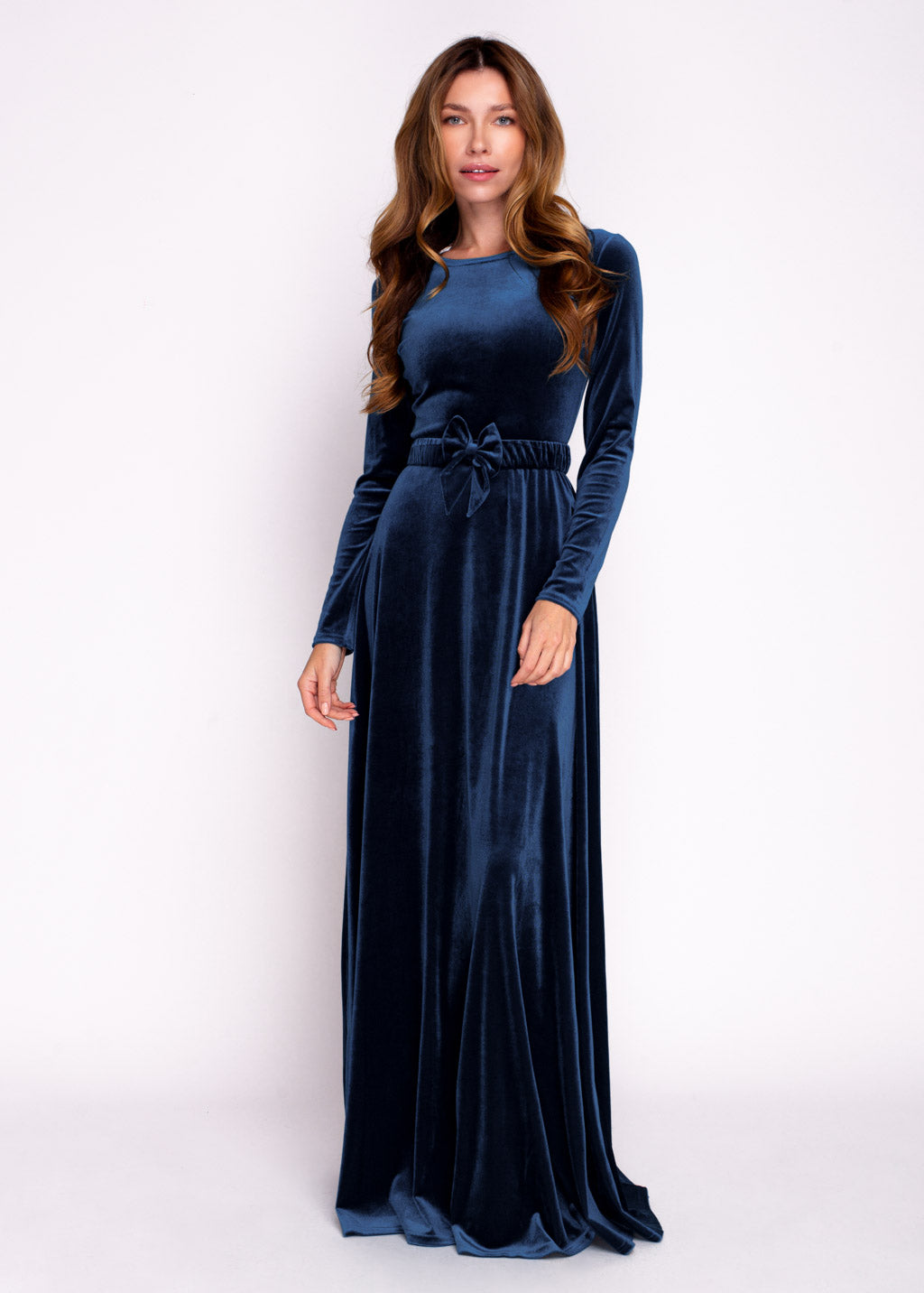 Mommy and me navy blue long velvet adult dress