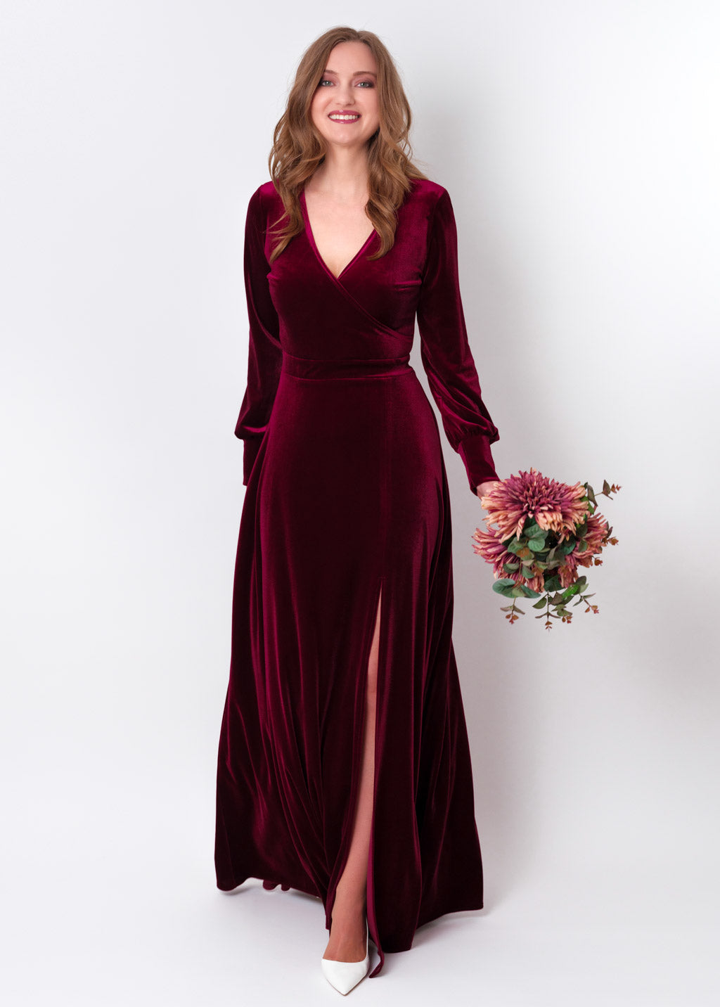 Plum burgundy velvet long wrap slit dress