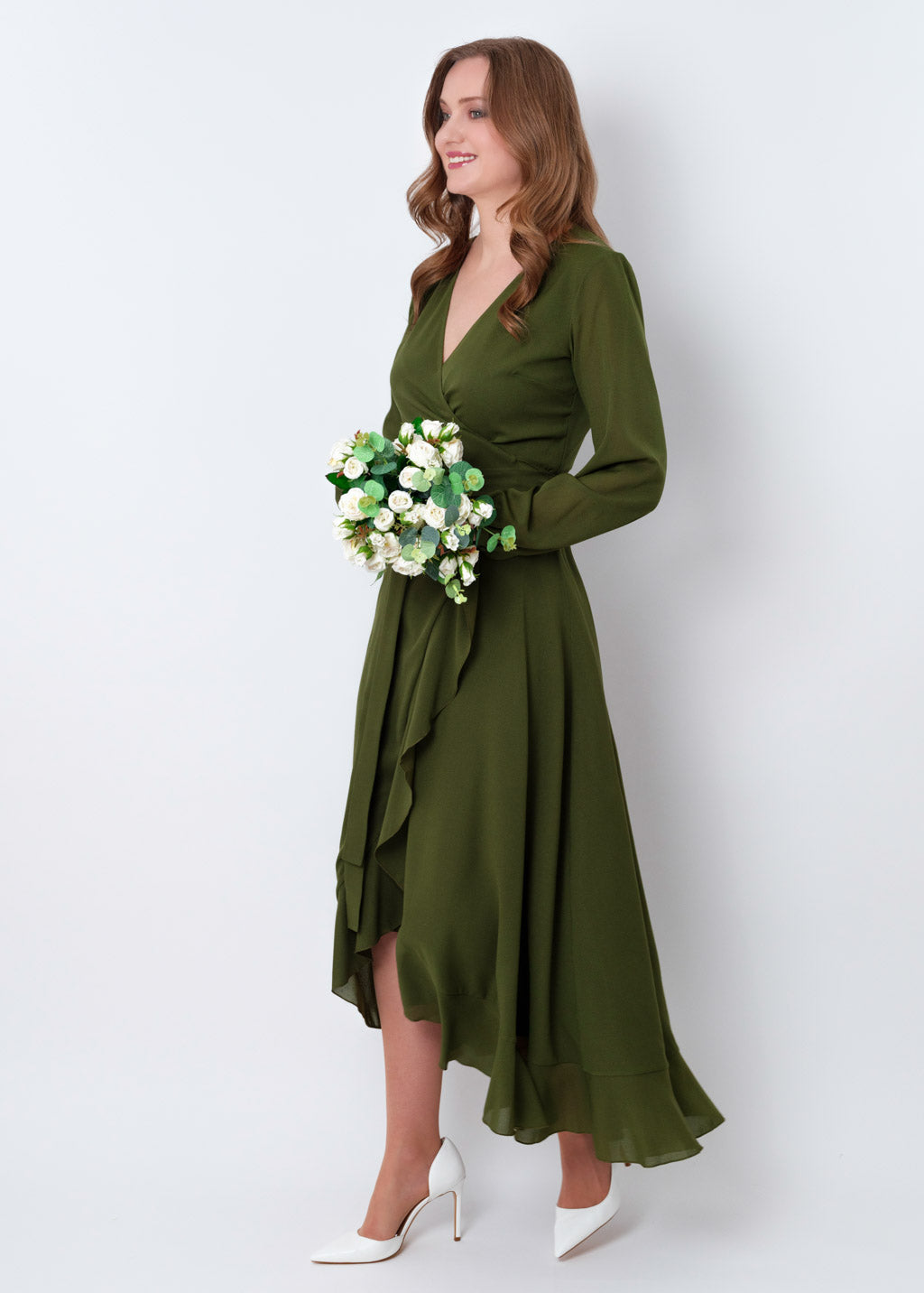 Olive green chiffon wrap dress