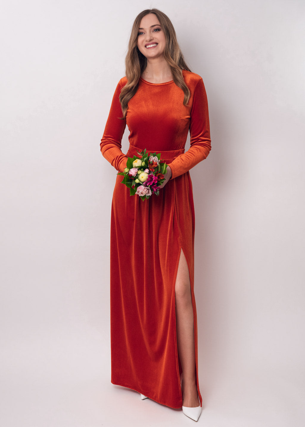 Rust orange velvet slit dress