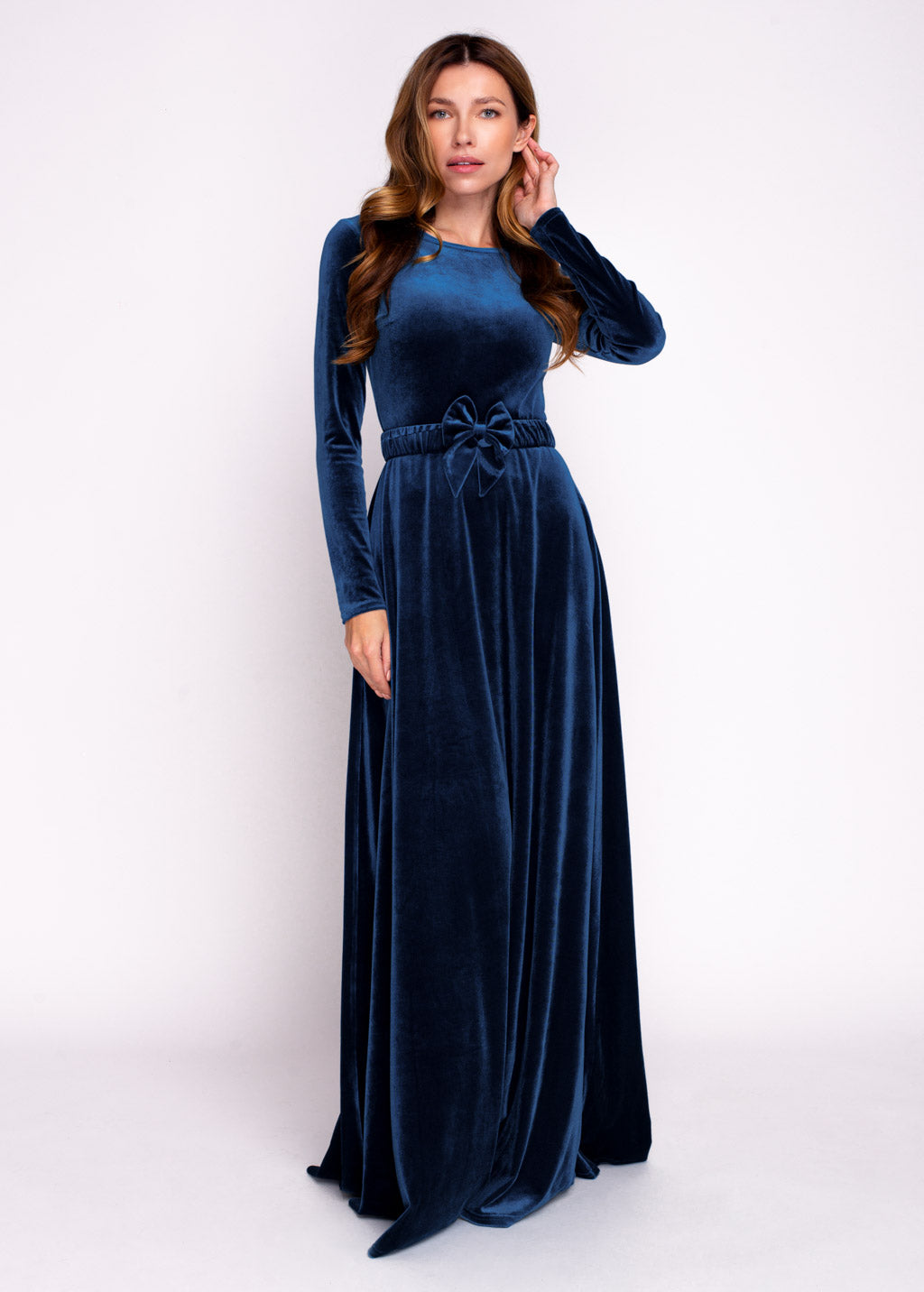 Mommy and me navy blue long velvet dresses