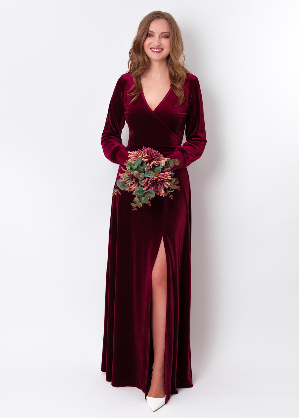Plum burgundy velvet long wrap slit dress