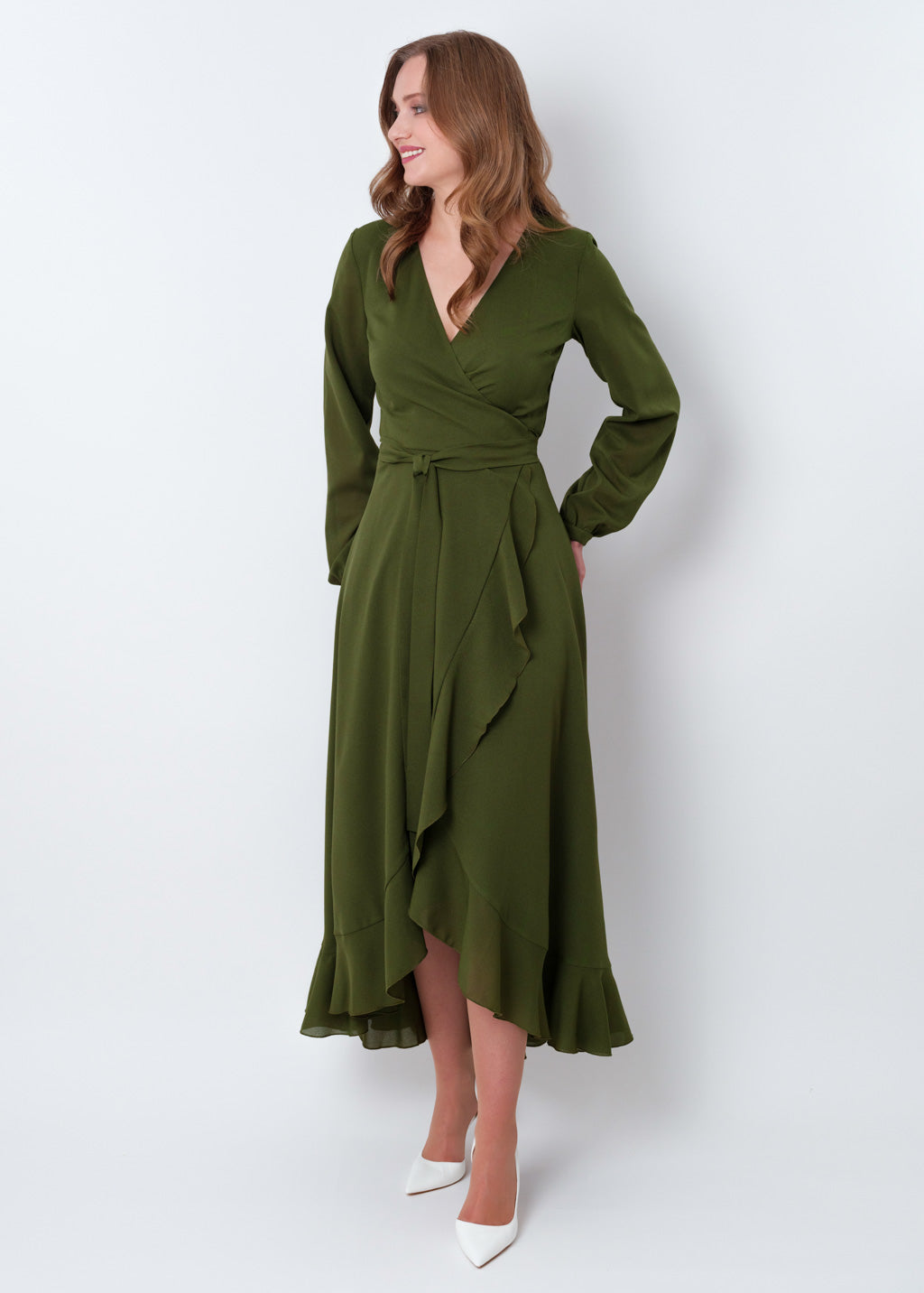 Olive green chiffon wrap dress