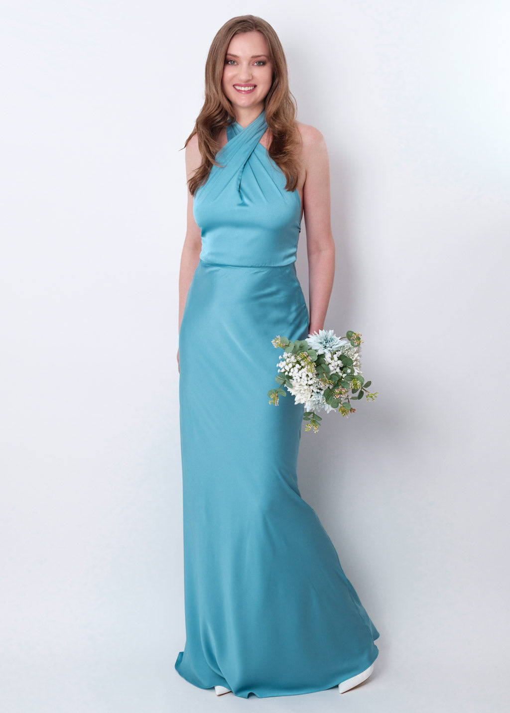 Dusty blue silk long halter dress