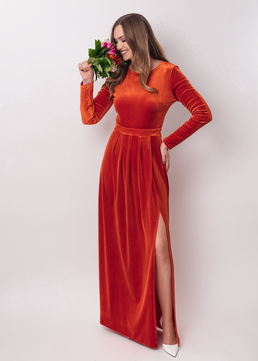Rust orange velvet slit dress