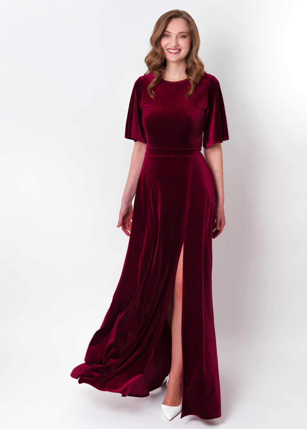 Burgundy velvet long slit dress