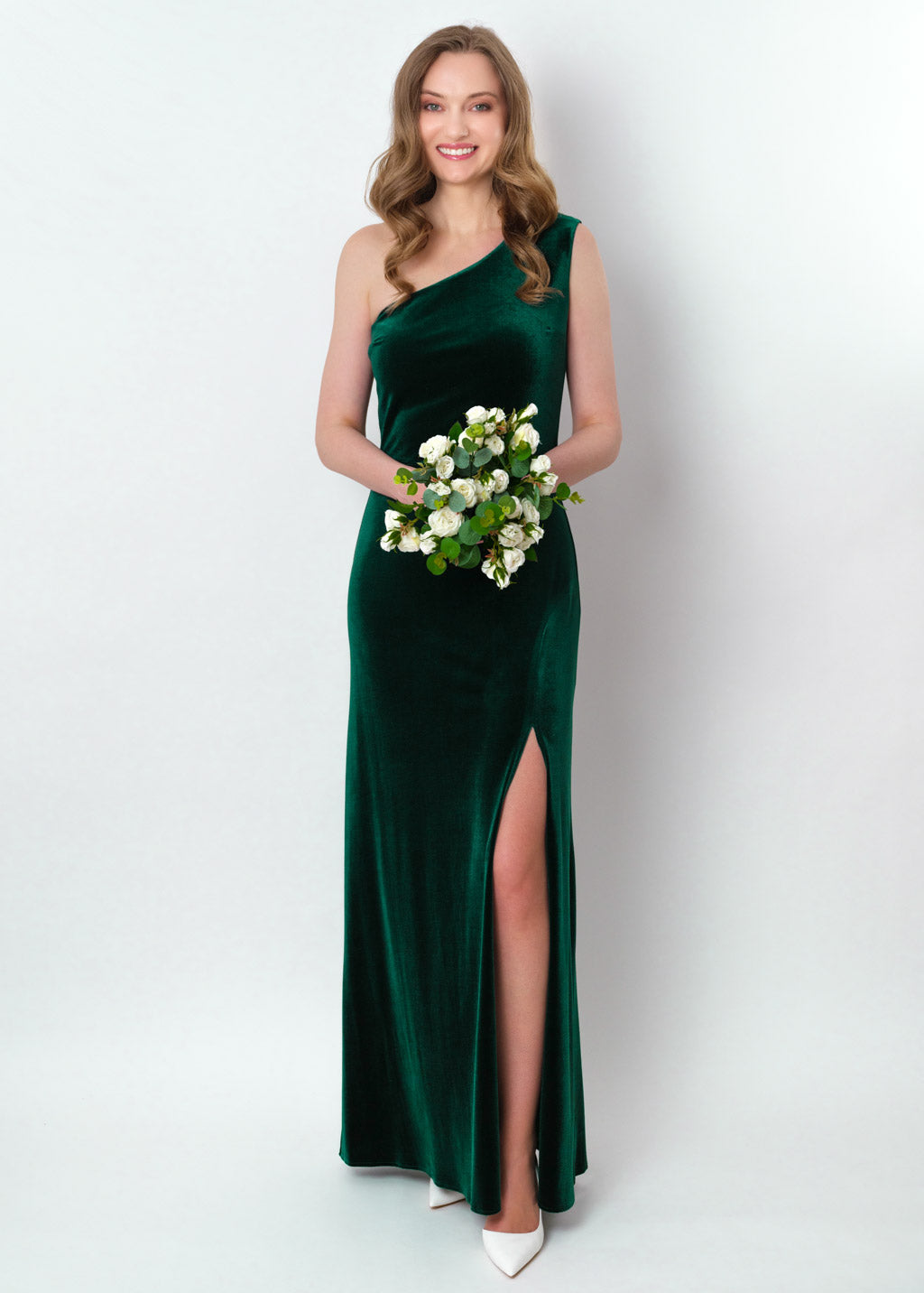 Emerald green velvet one shoulder slit dress