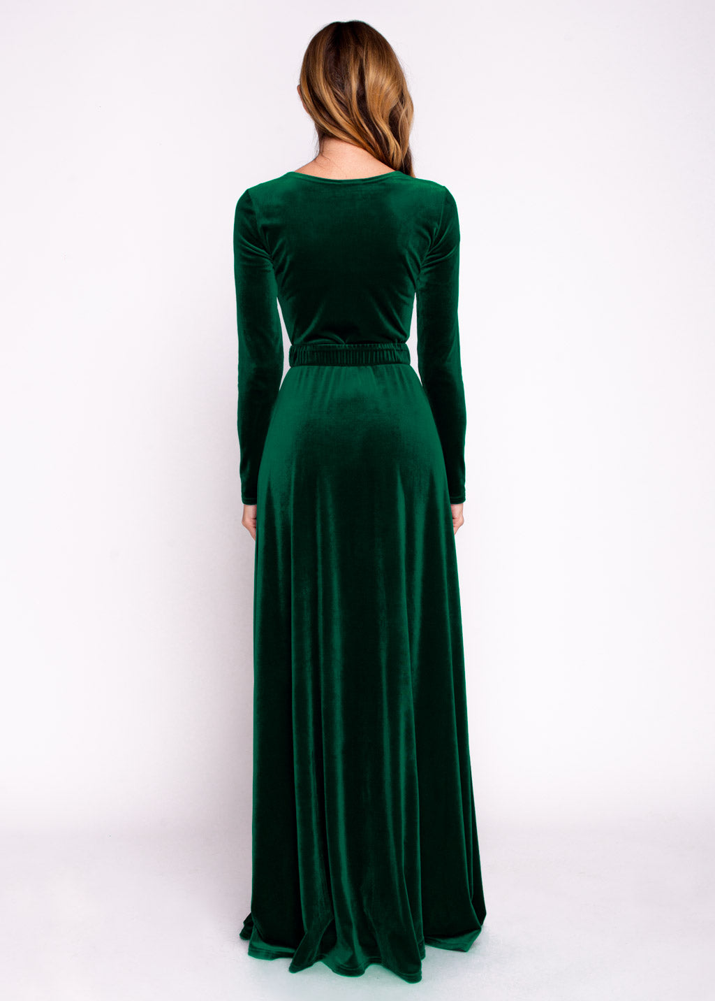Emerald green velvet long dress with belt