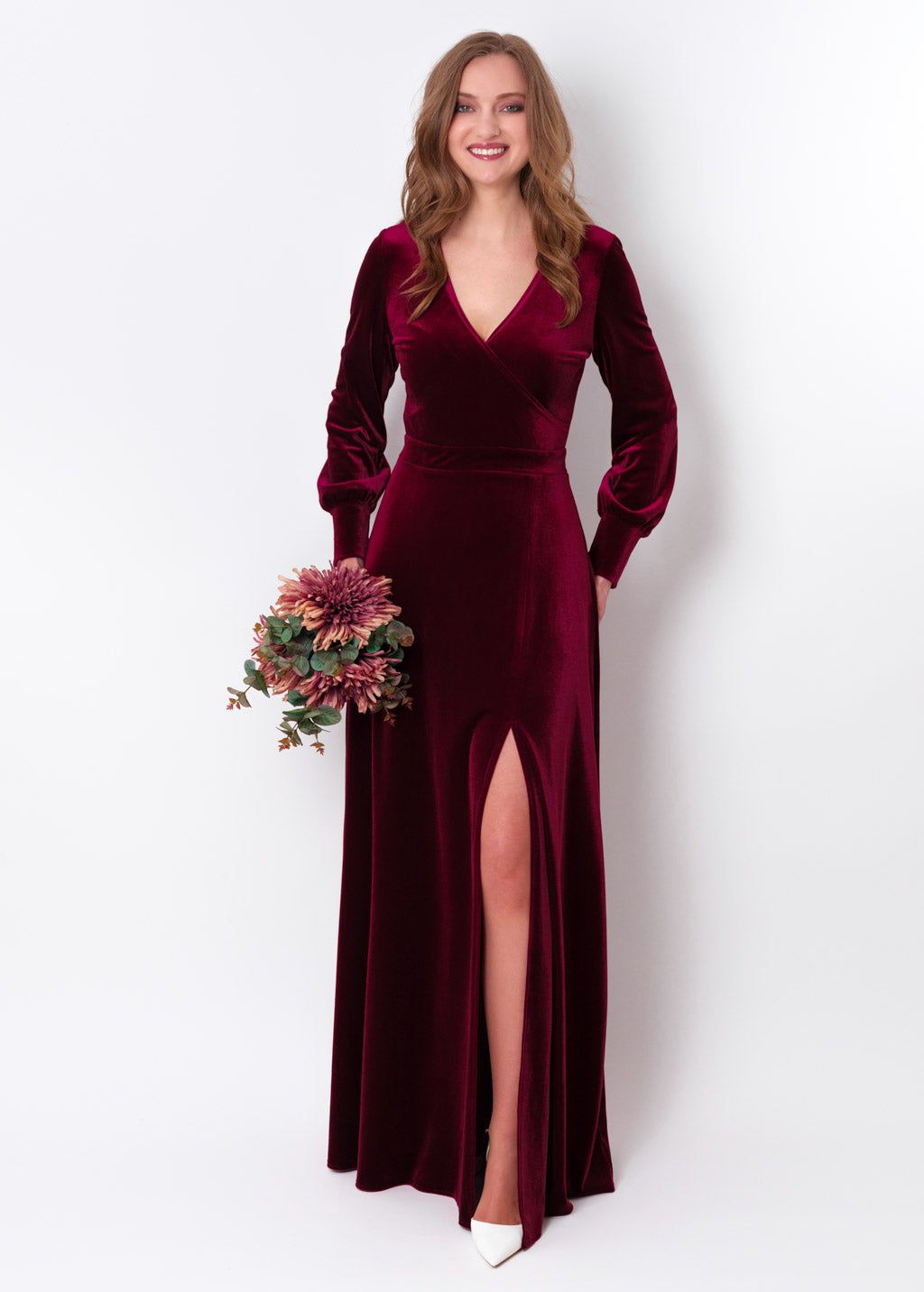 Plum burgundy velvet long wrap slit dress