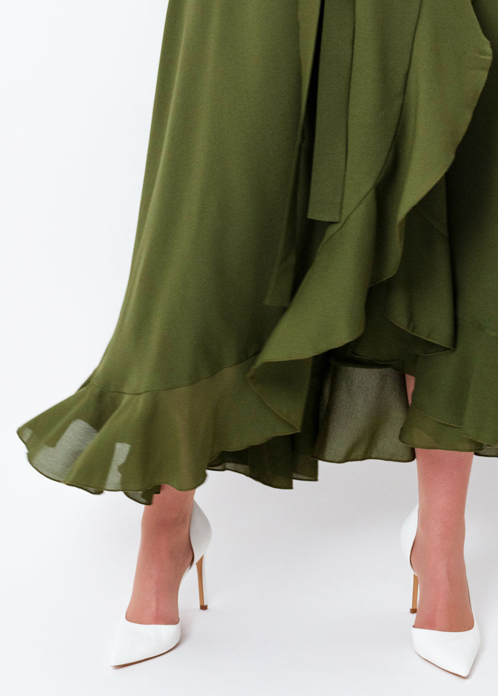 Olive green chiffon wrap dress