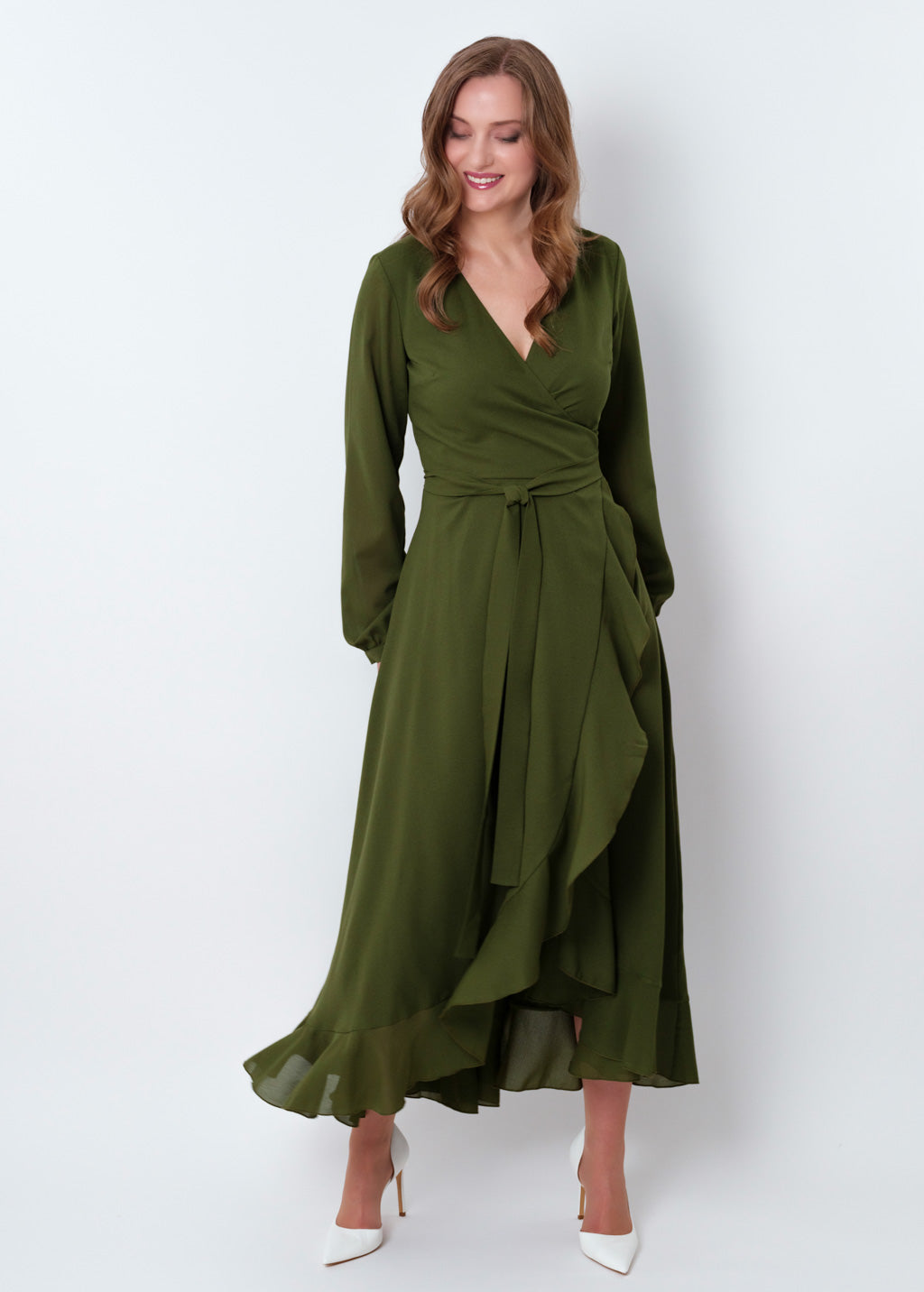 Olive green chiffon wrap dress