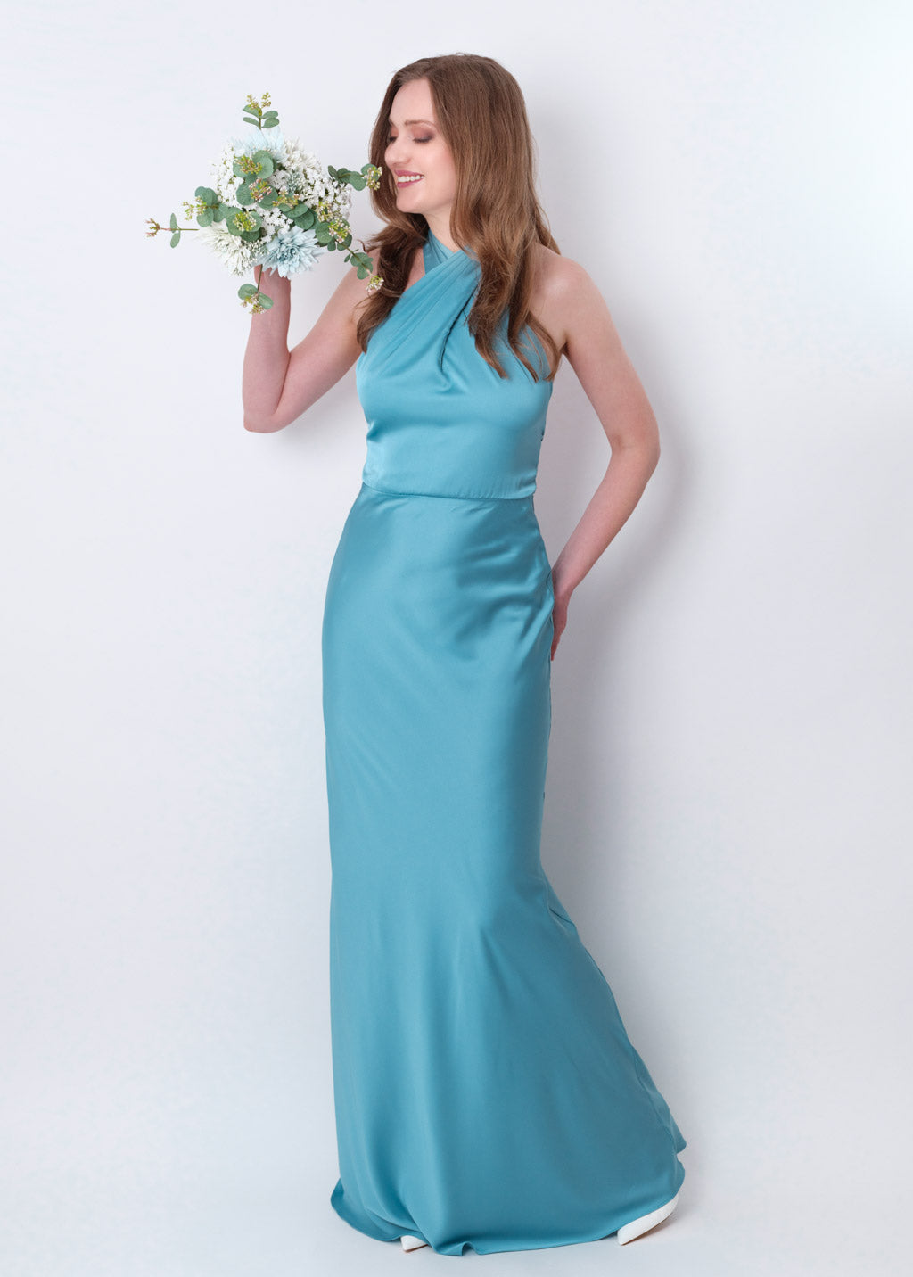 Dusty blue silk long halter dress